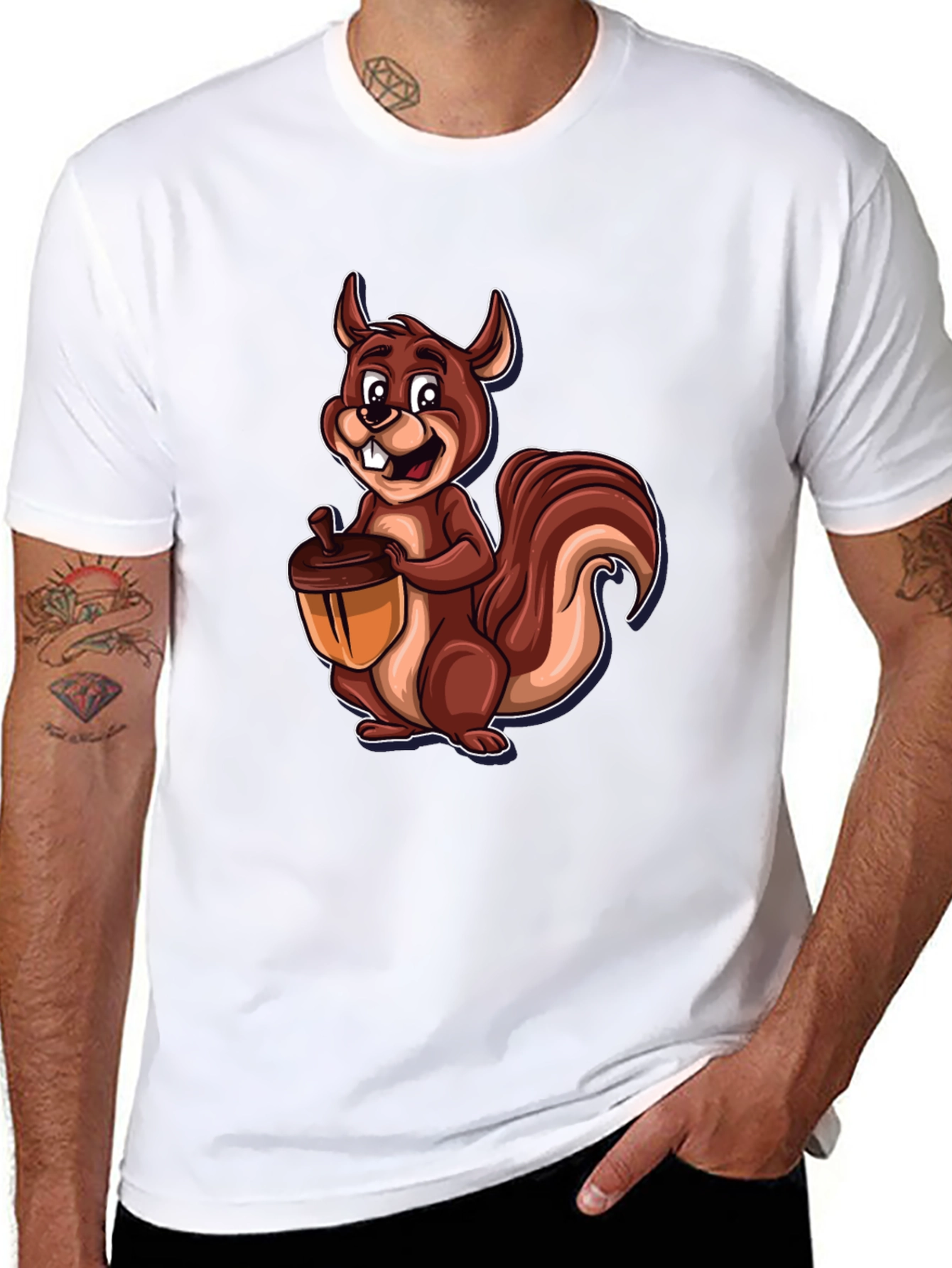 Black Squirrel Holding Acorn Graphic Tee - Black Cotton Shirt view 8