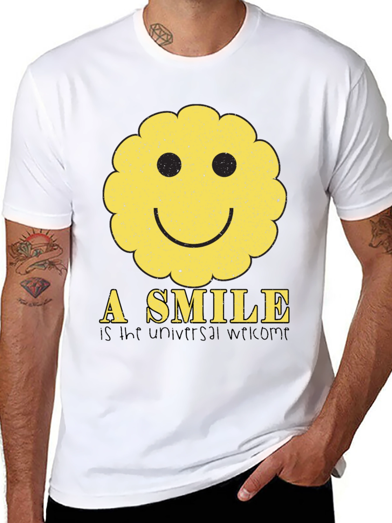 Black Smiley Face Graphic Tee - Universal Welcome T-Shirt view 8