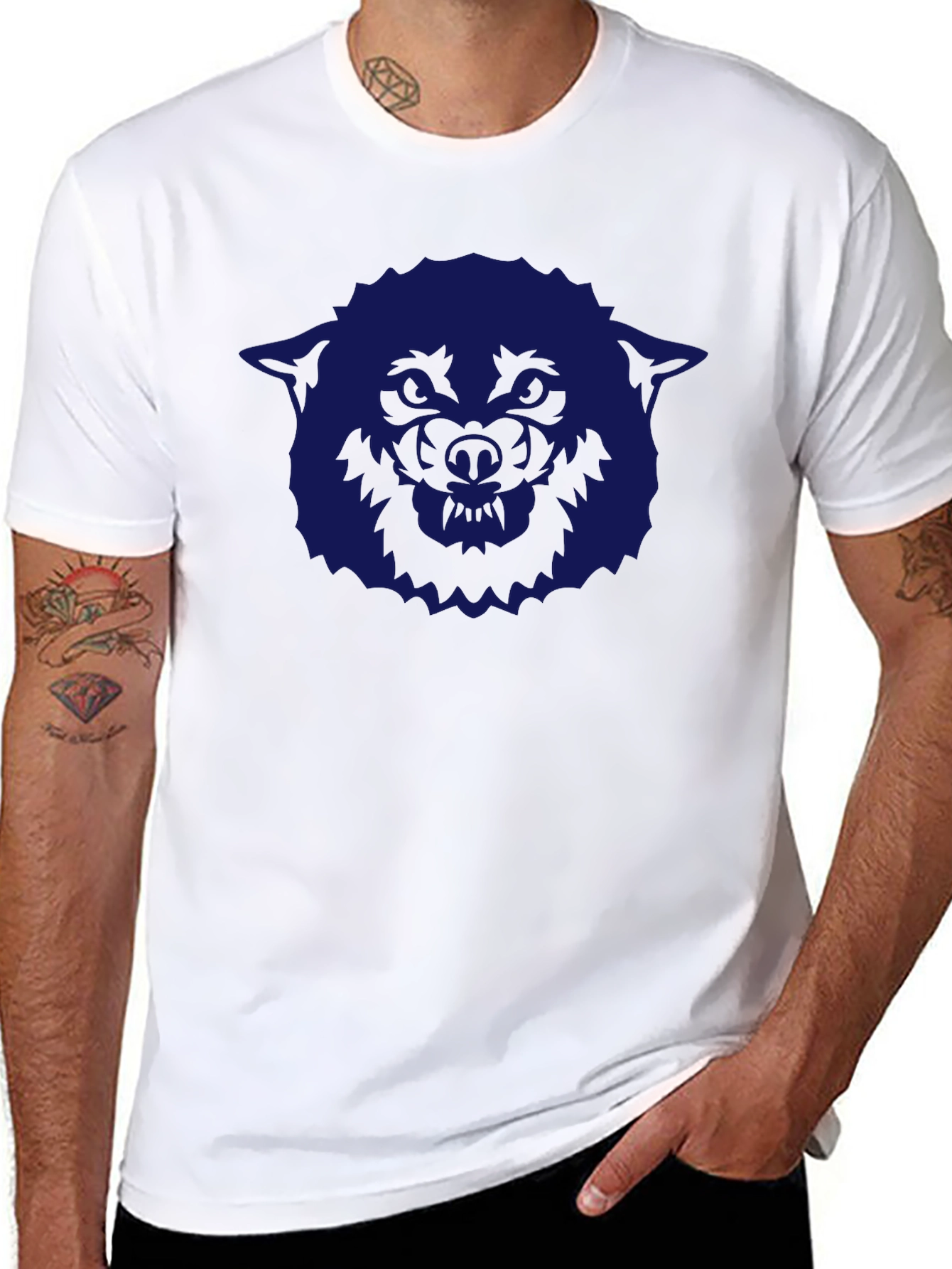 Black Men's Black T-Shirt with Blue Wolf Graphic view 8