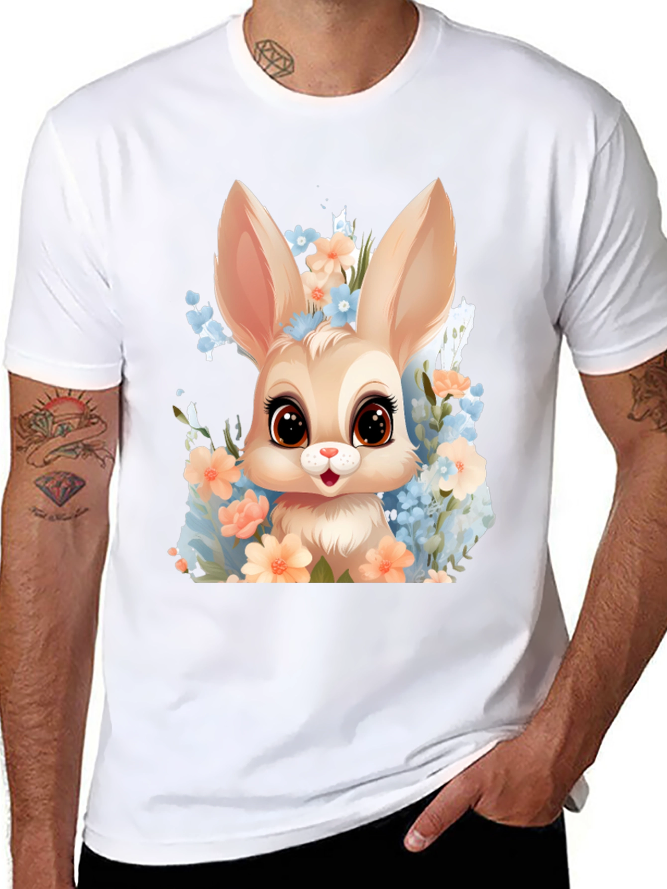 Black Cute Bunny in Flowers Graphic T-Shirt view 8