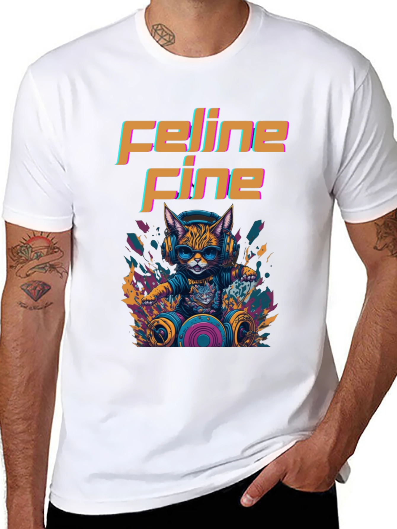 Black Feline Fine Graphic Tee - DJ Cat T-Shirt view 8