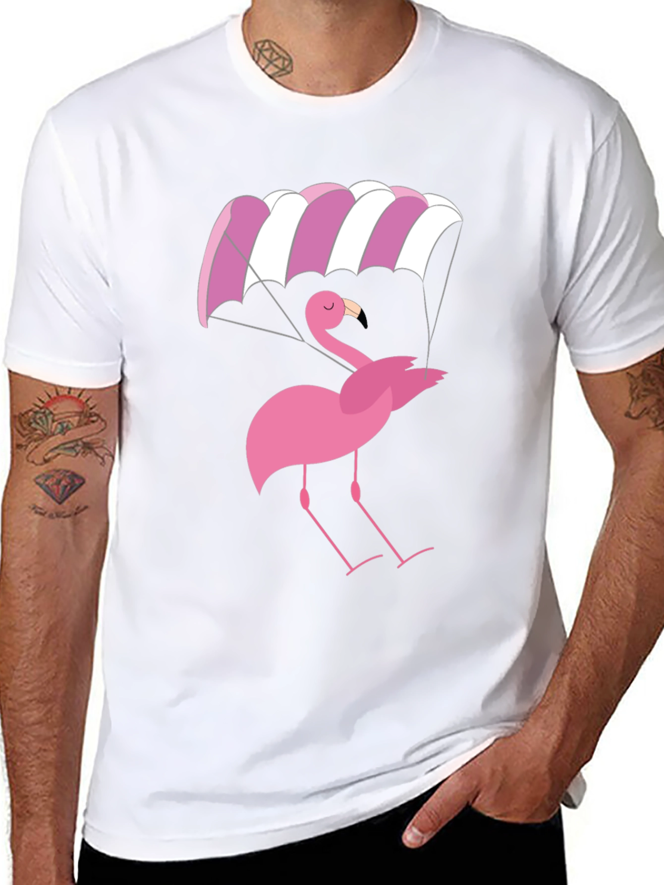 Black Pink Flamingo Parachute Black T-Shirt view 8
