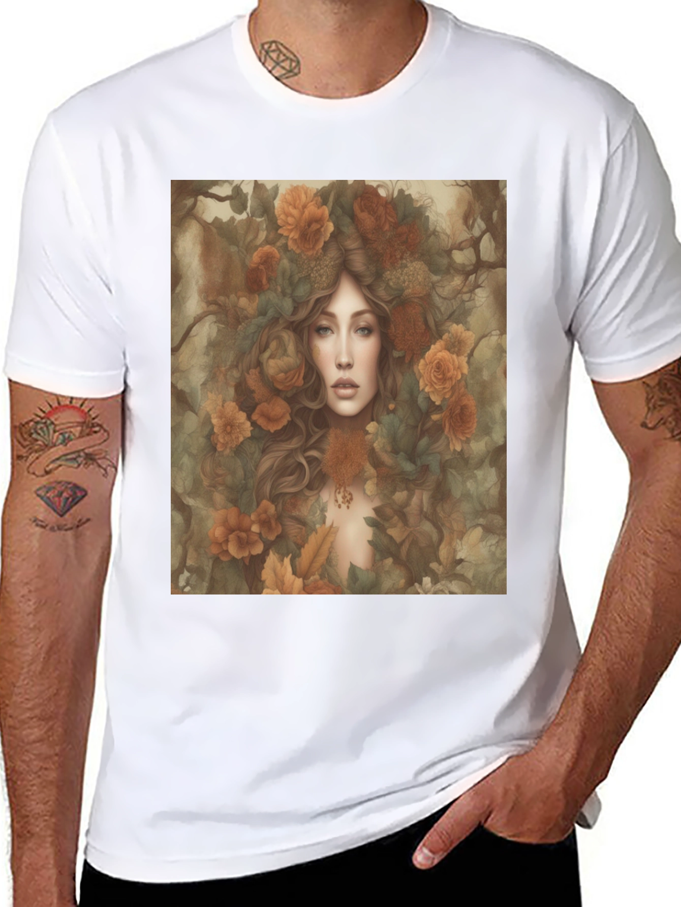 Black Floral Fantasy T-Shirt: Woman with Autumn Flowers view 8