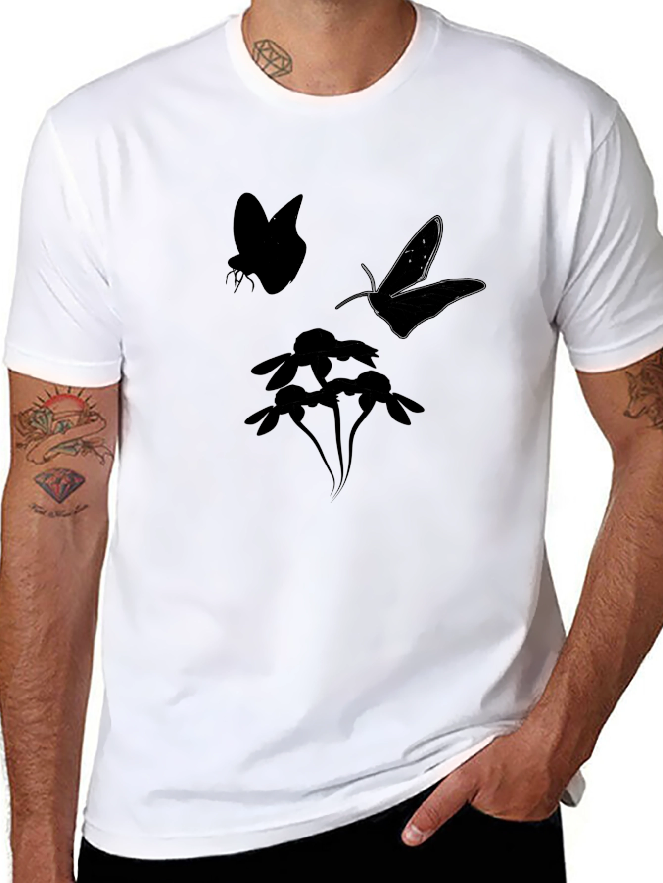 Black Butterfly & Flower Graphic Tee - Black Cotton Blend view 8