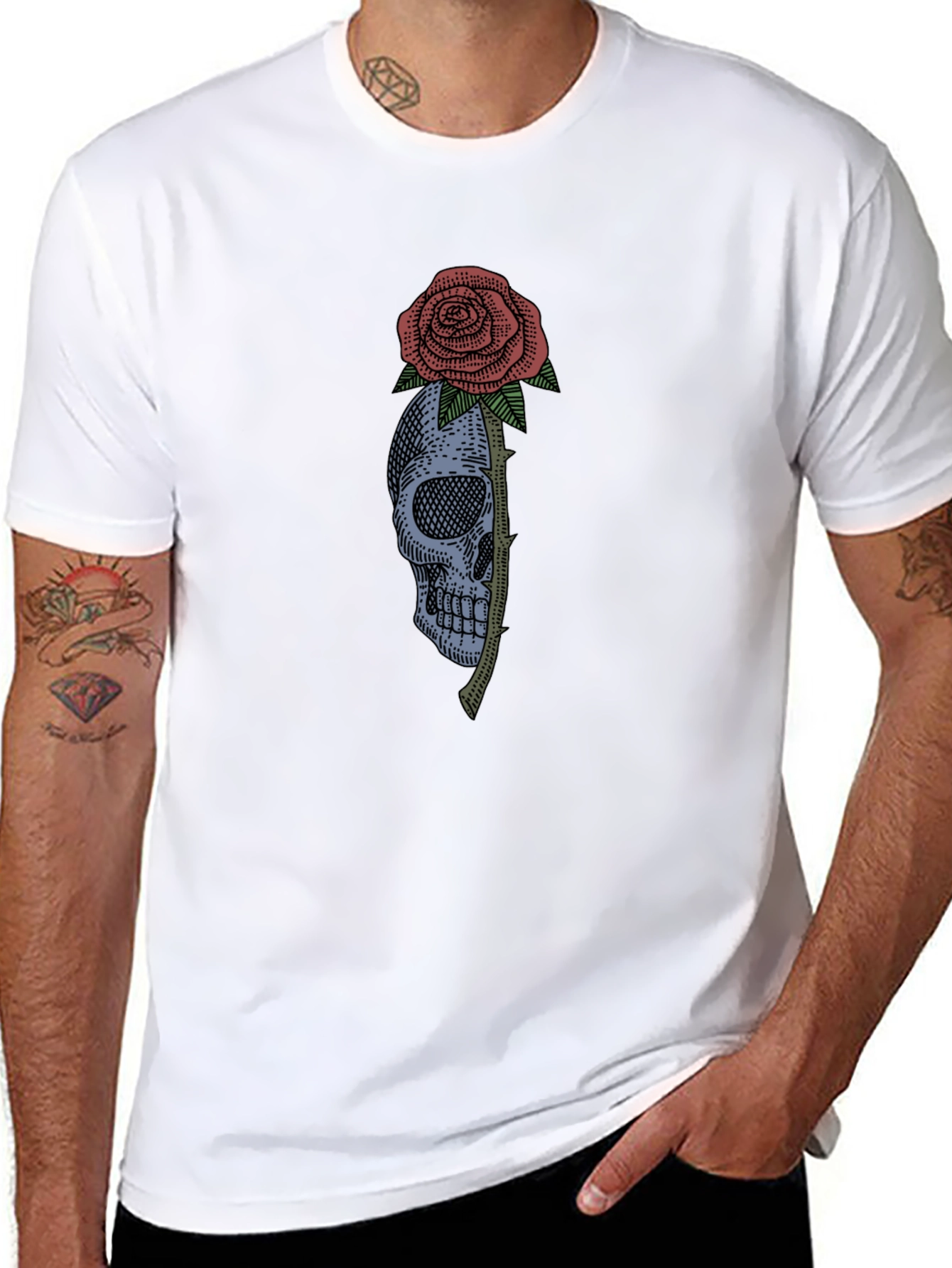 Black Skull & Rose Graphic Tee - Black Cotton T-Shirt view 8