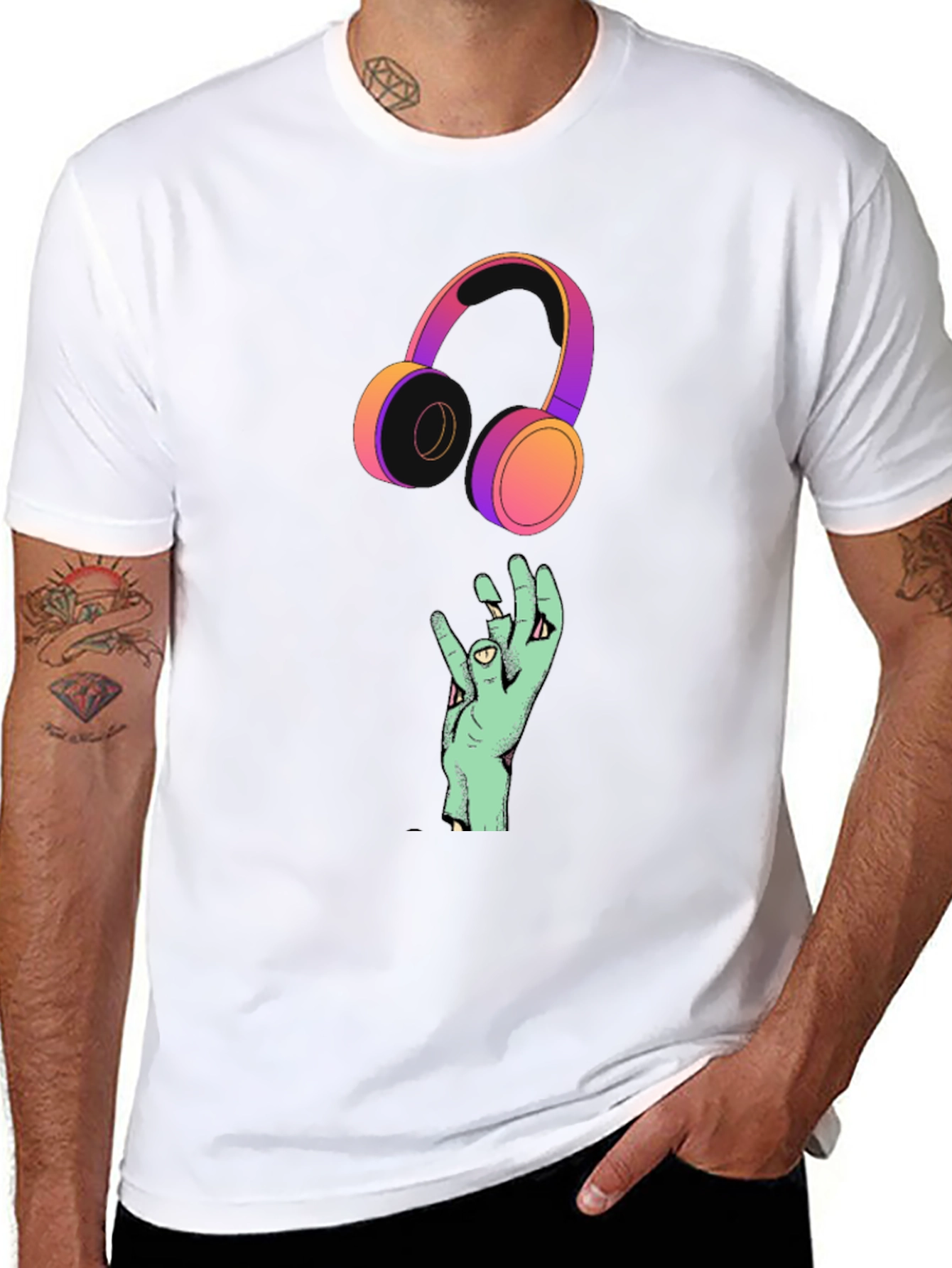 Black Cool Graphic T-Shirt with Headphones and Hand Design view 8