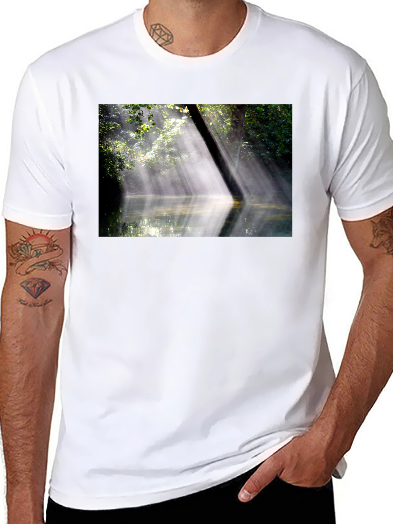 Black Nature's Embrace Tee - Sunlit Forest Design view 8