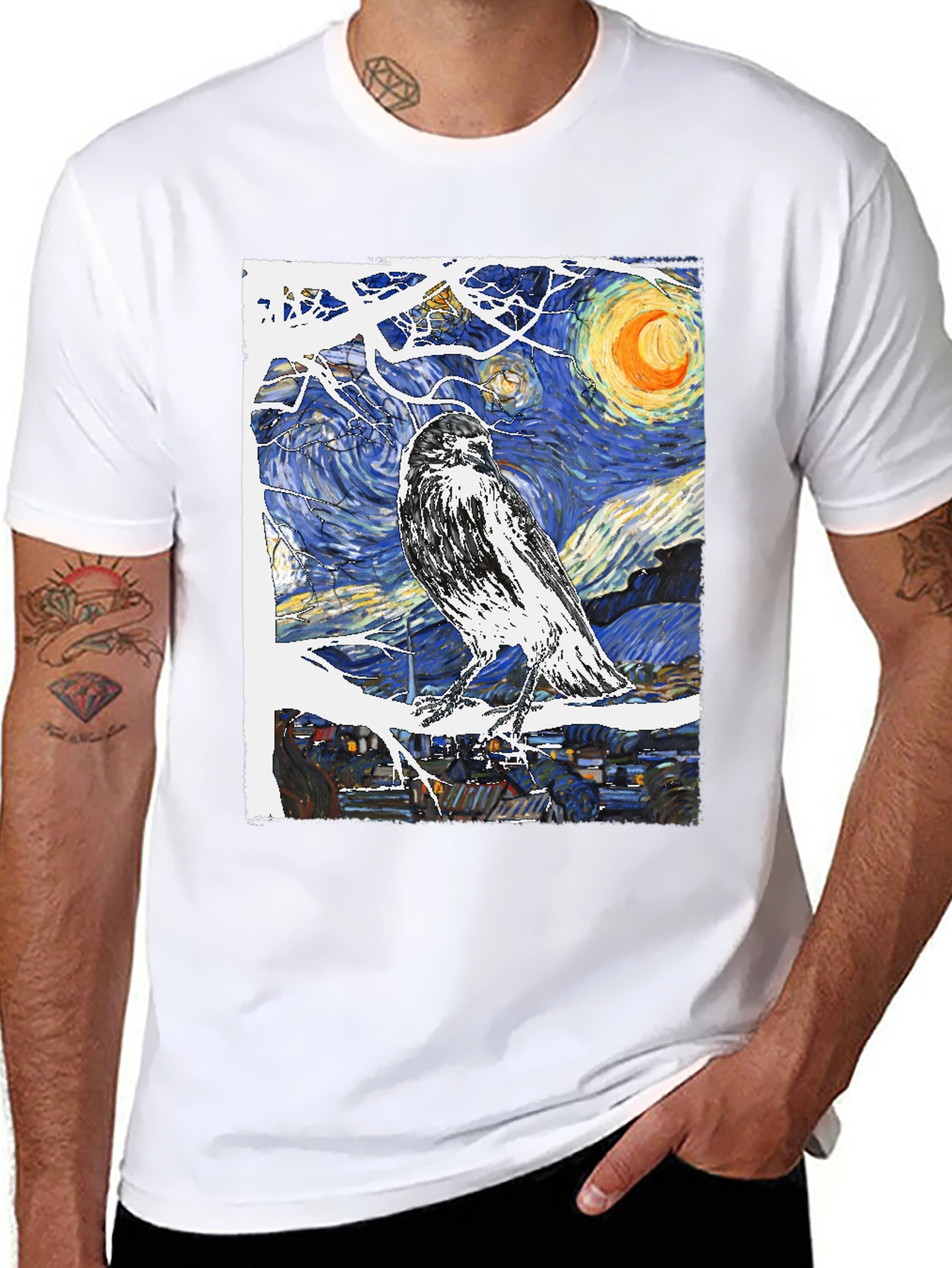 Black Starry Night Raven T-Shirt Art Tee view 8