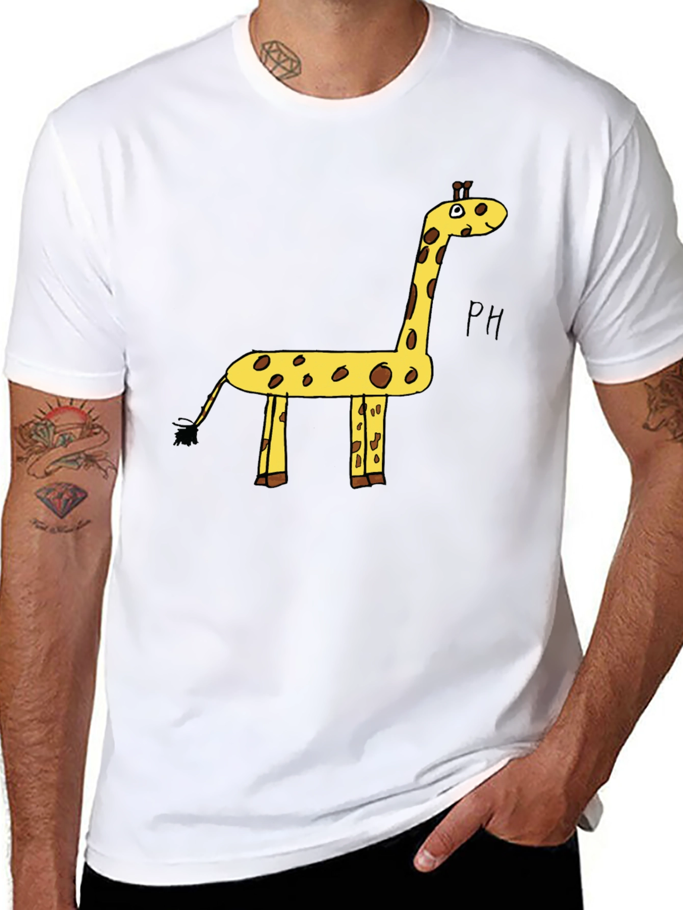 Black Giraffe Cartoon Graphic Tee - Black Cotton T-Shirt view 8