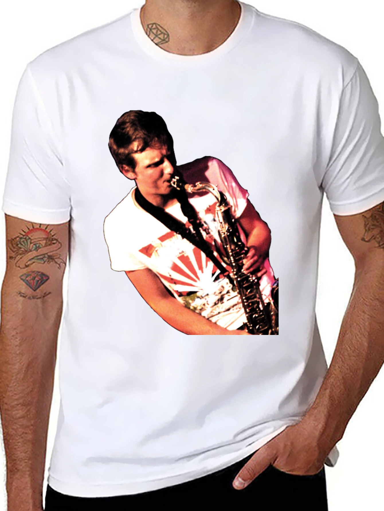 Black Saxophone Player Graphic T-Shirt - Black Cotton Tee view 8
