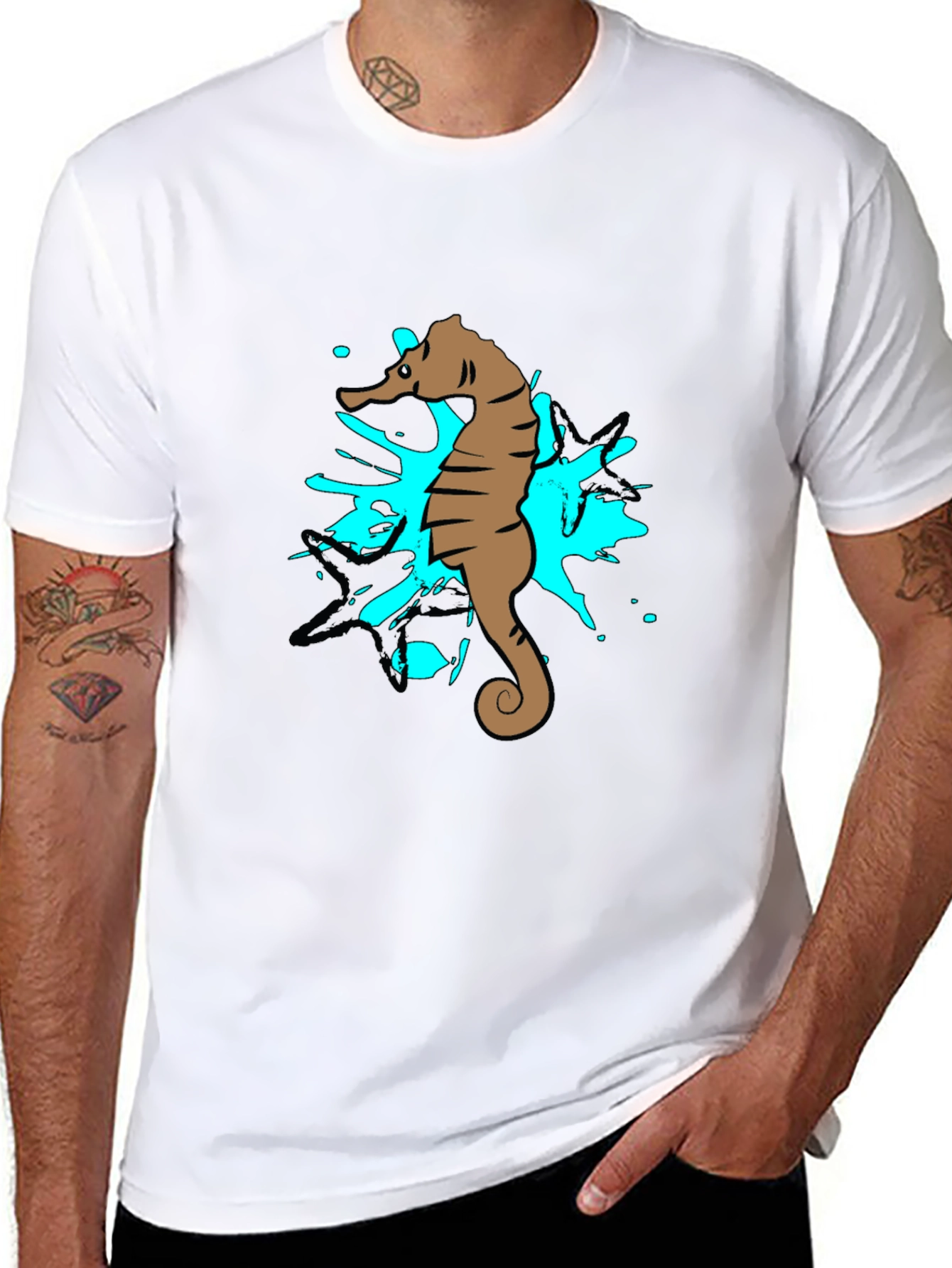 Black Seahorse Splash Graphic T-Shirt - Black Cotton Tee view 8