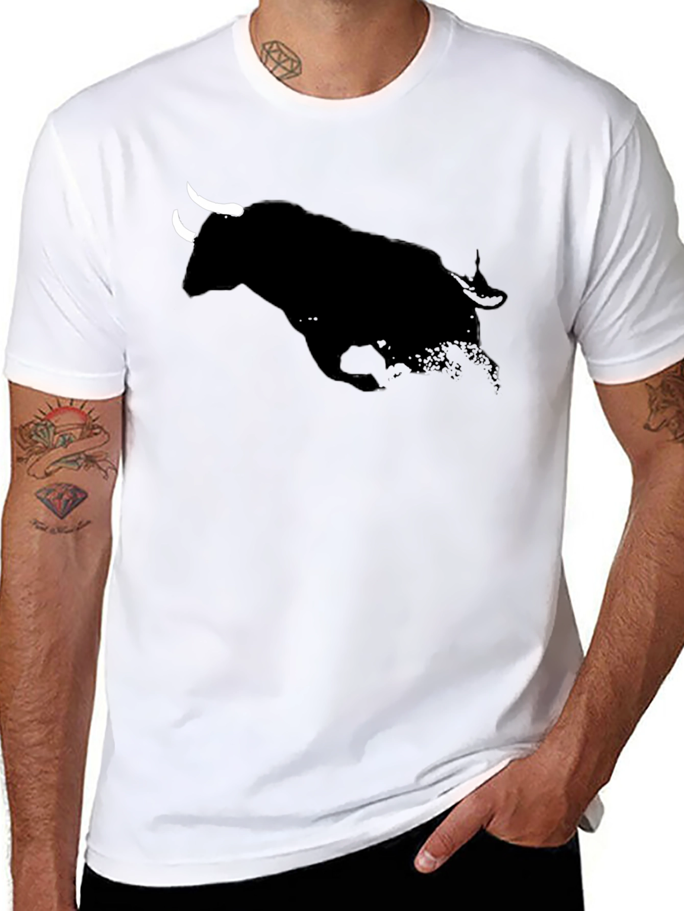 Black Charging Bull Graphic Tee - Black Cotton T-Shirt view 8