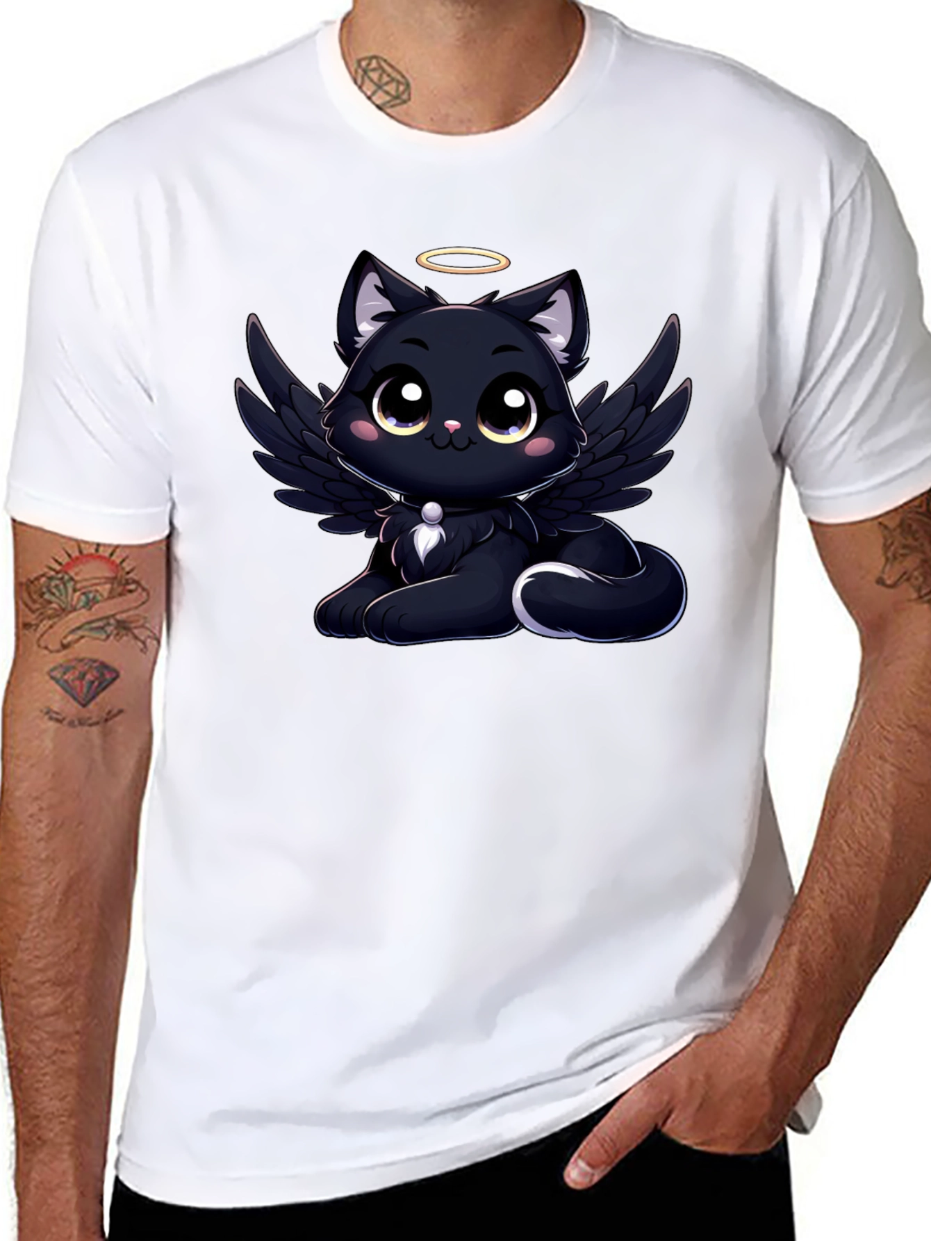 Black Angel Cat Graphic T-Shirt - Soft Cotton Tee view 8