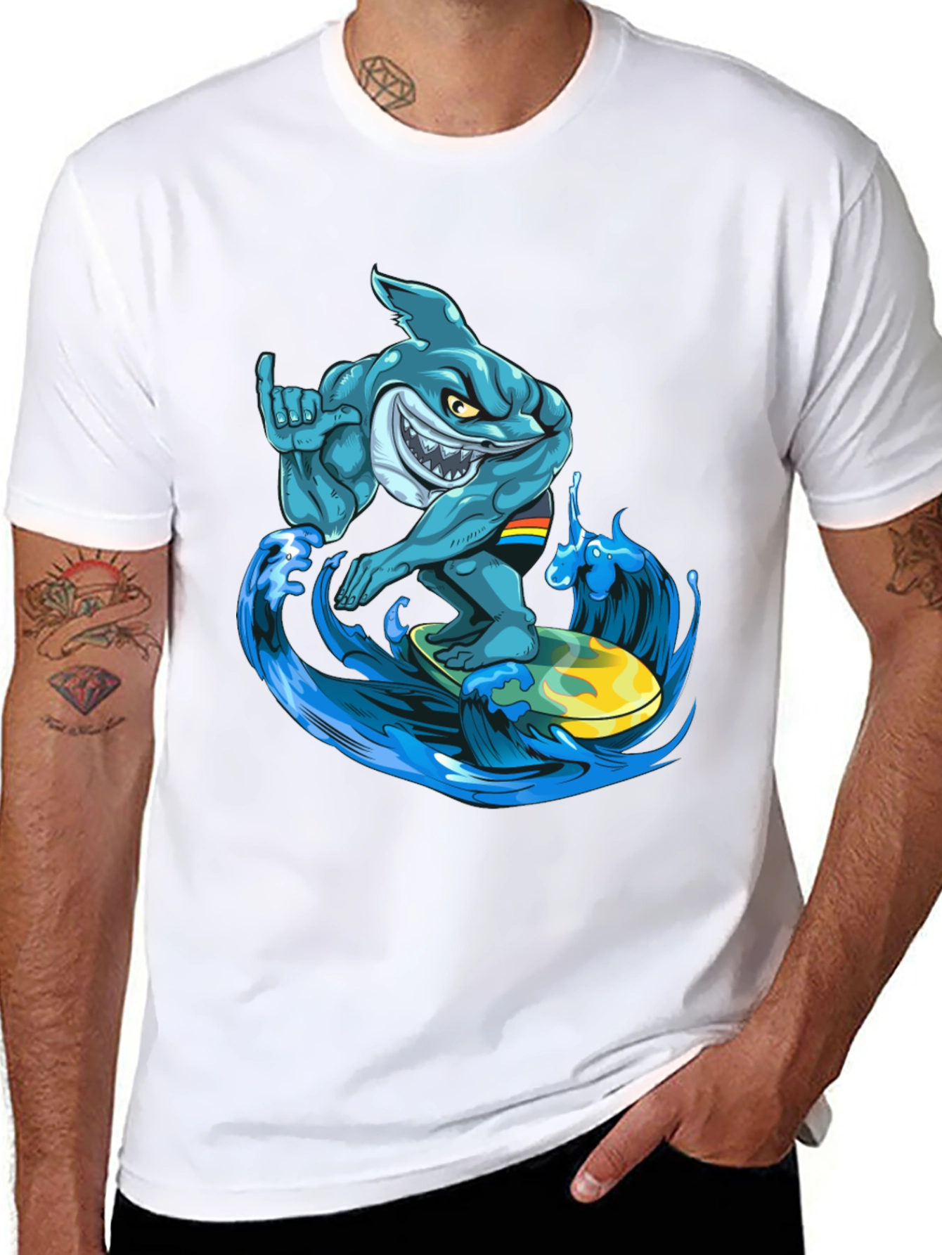 Black Surfing Shark Graphic T-Shirt - Cool Cartoon Design view 8