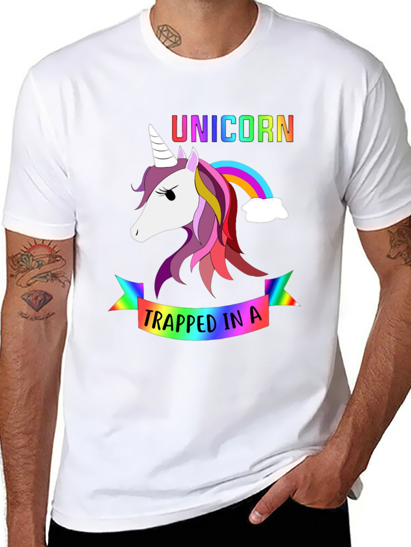 Black Unicorn Trapped in a Rainbow Graphic Tee view 8