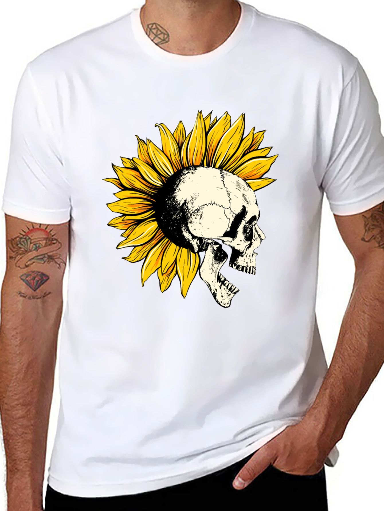 Black Skull Sunflower Graphic T-Shirt - Unique Design view 8