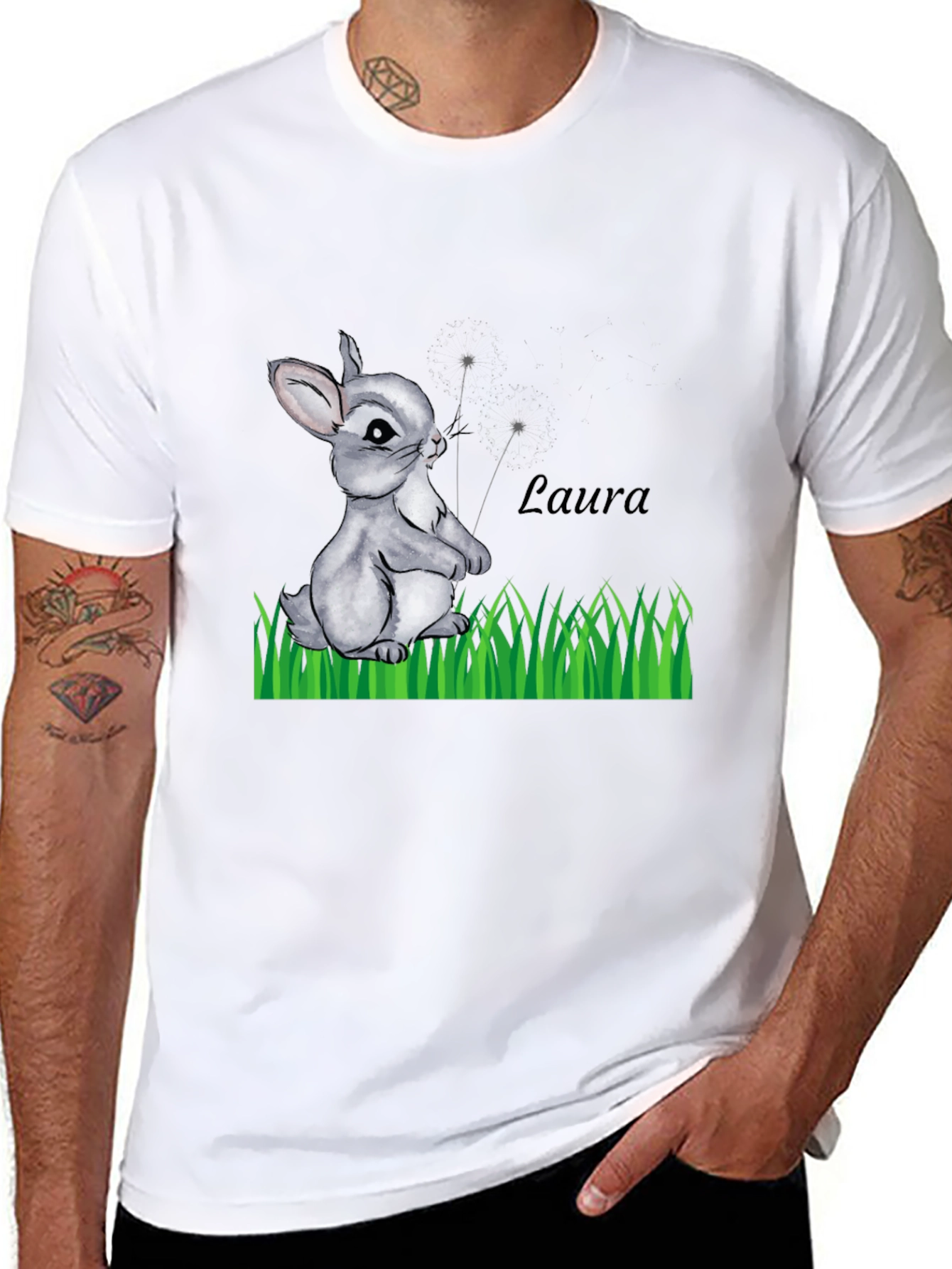 Black Cute Bunny 'Laura' Personalized Black T-Shirt view 8