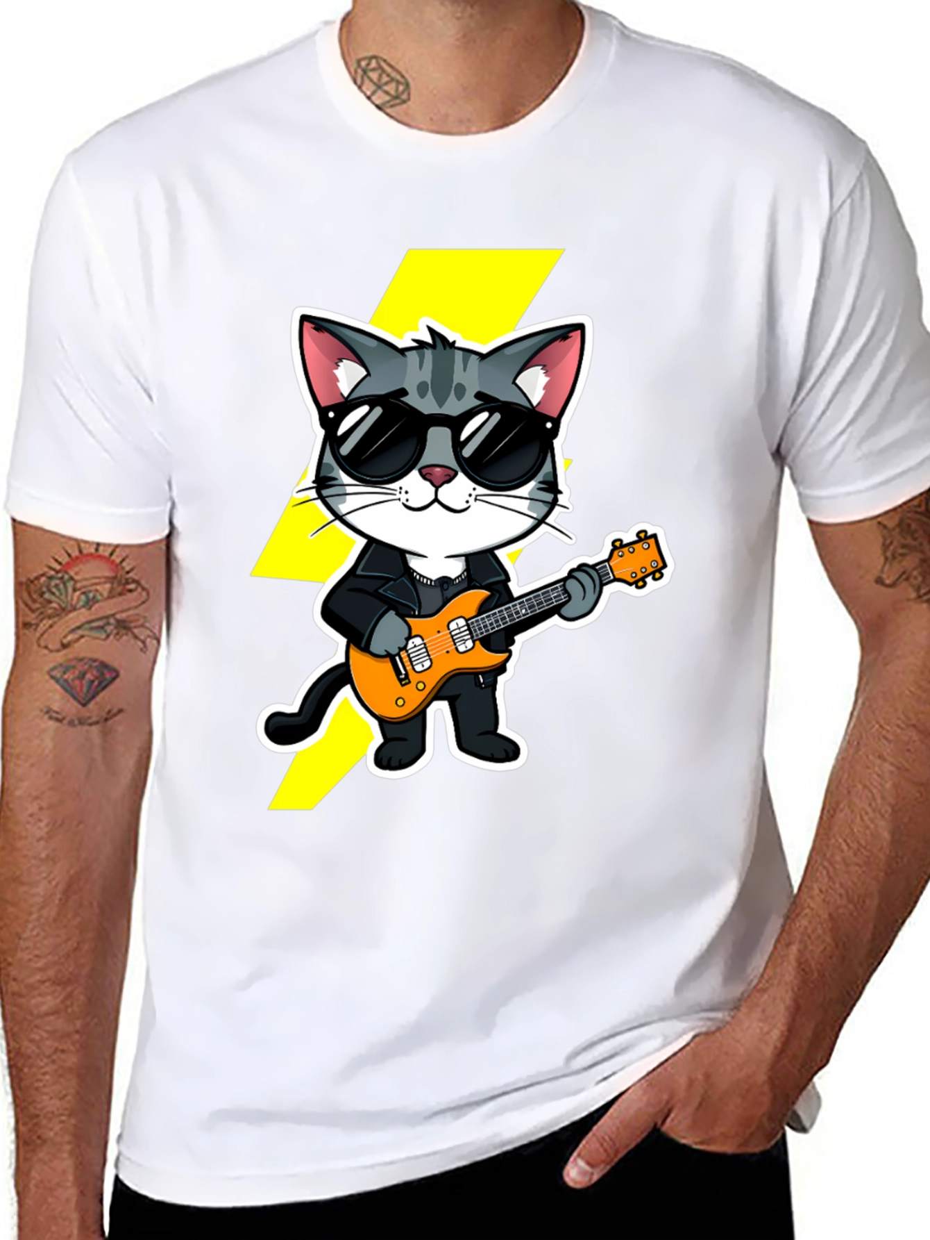 Black Rockstar Cat T-Shirt - Cool Cat with Guitar view 8