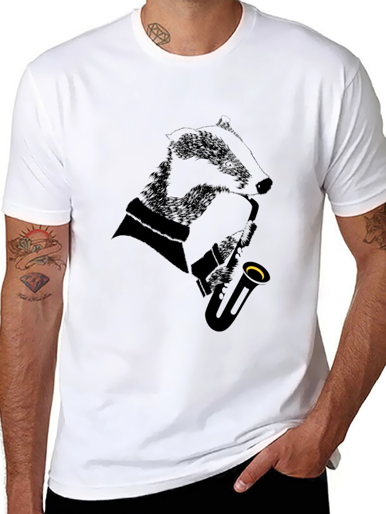 Black Jazz Badger Black T-Shirt - Cool Animal Saxophone Design view 8
