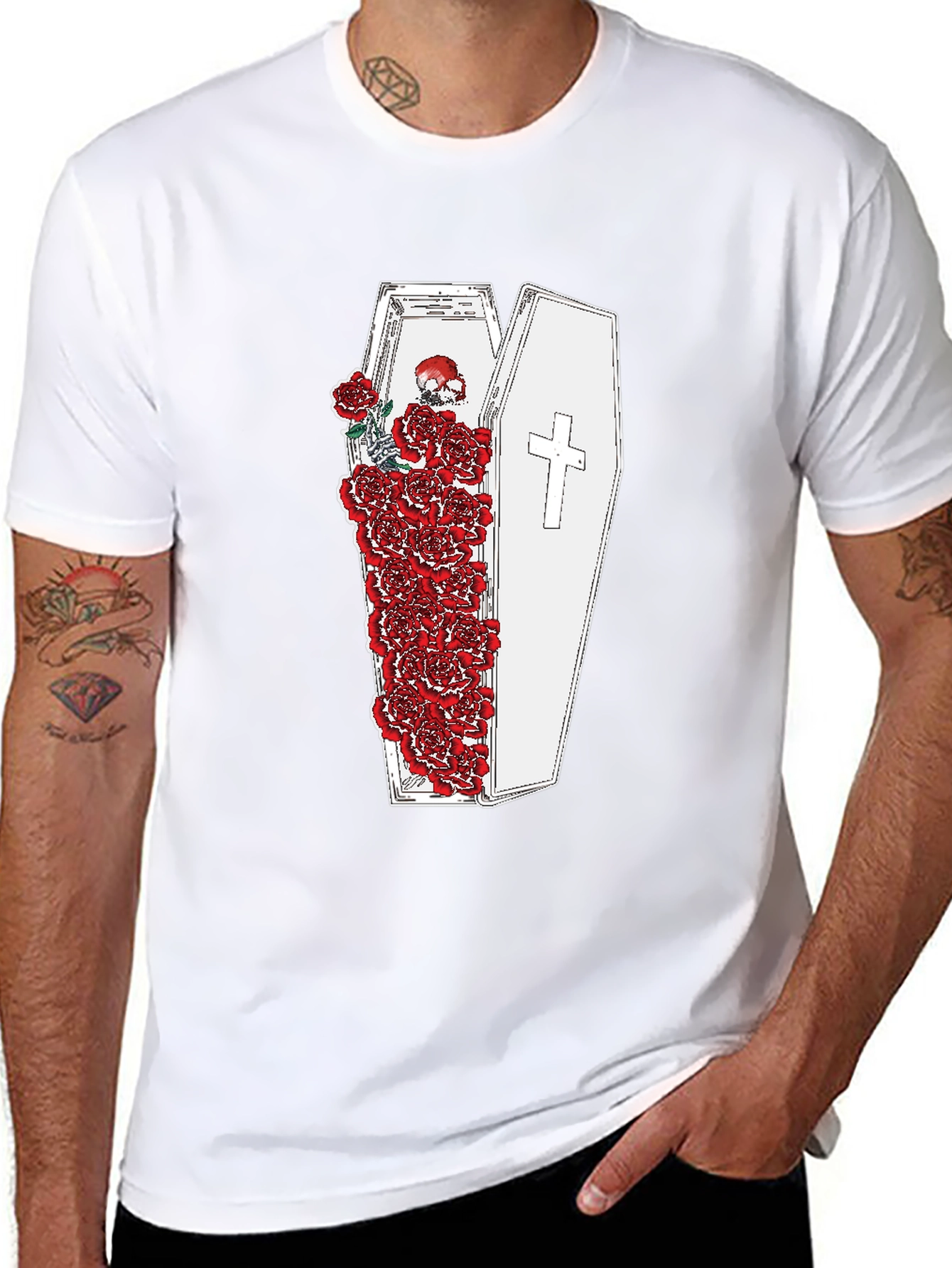 Black Gothic Coffin and Roses Graphic T-Shirt view 8