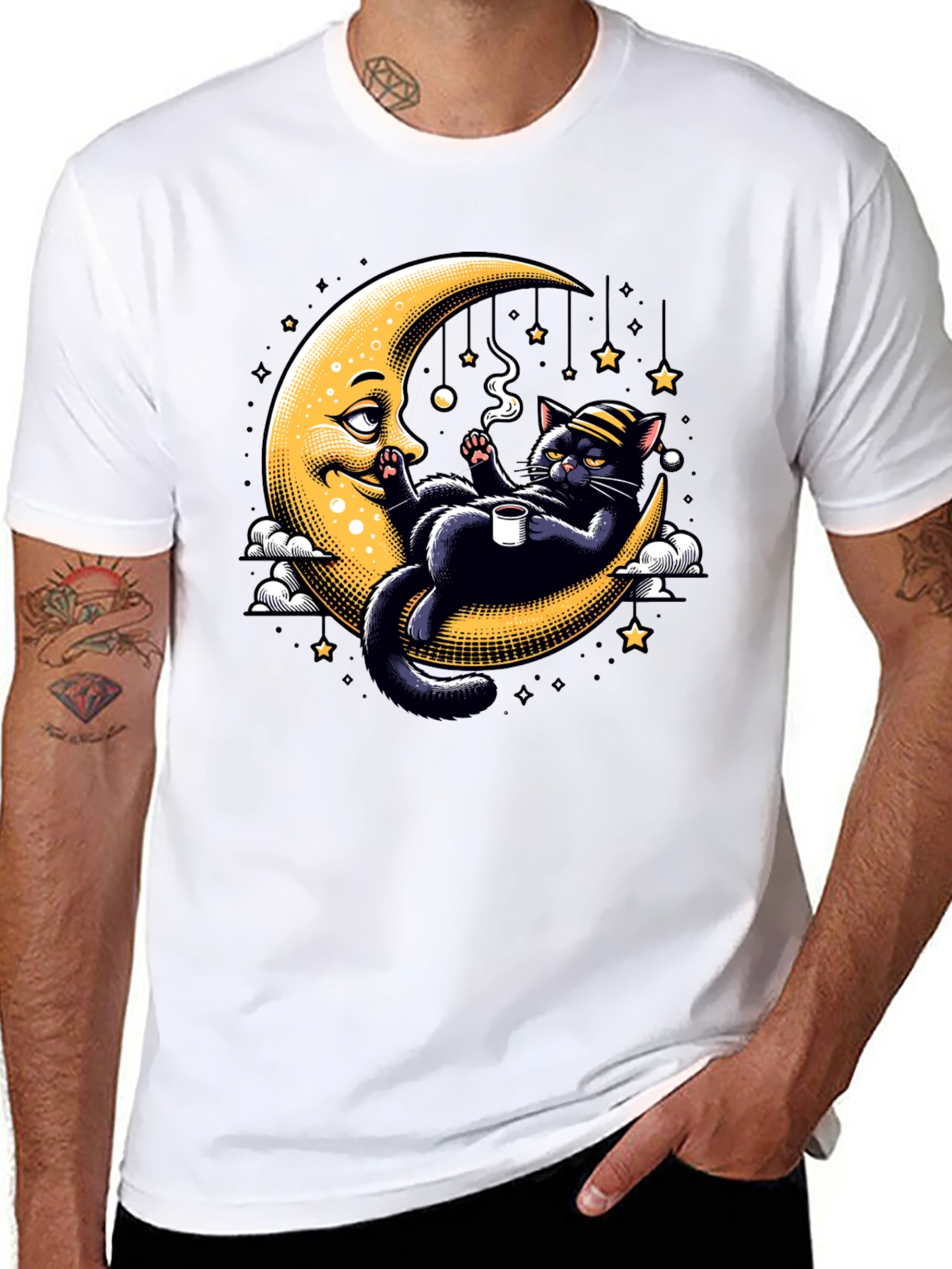 Black Cool Cat on Moon T-Shirt view 8
