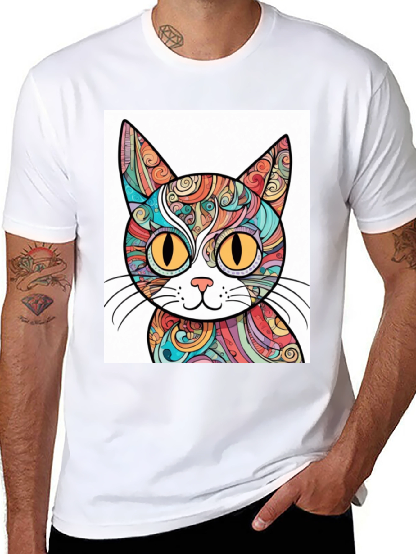 Black Colorful Cat Graphic T-Shirt - Unique Design view 8