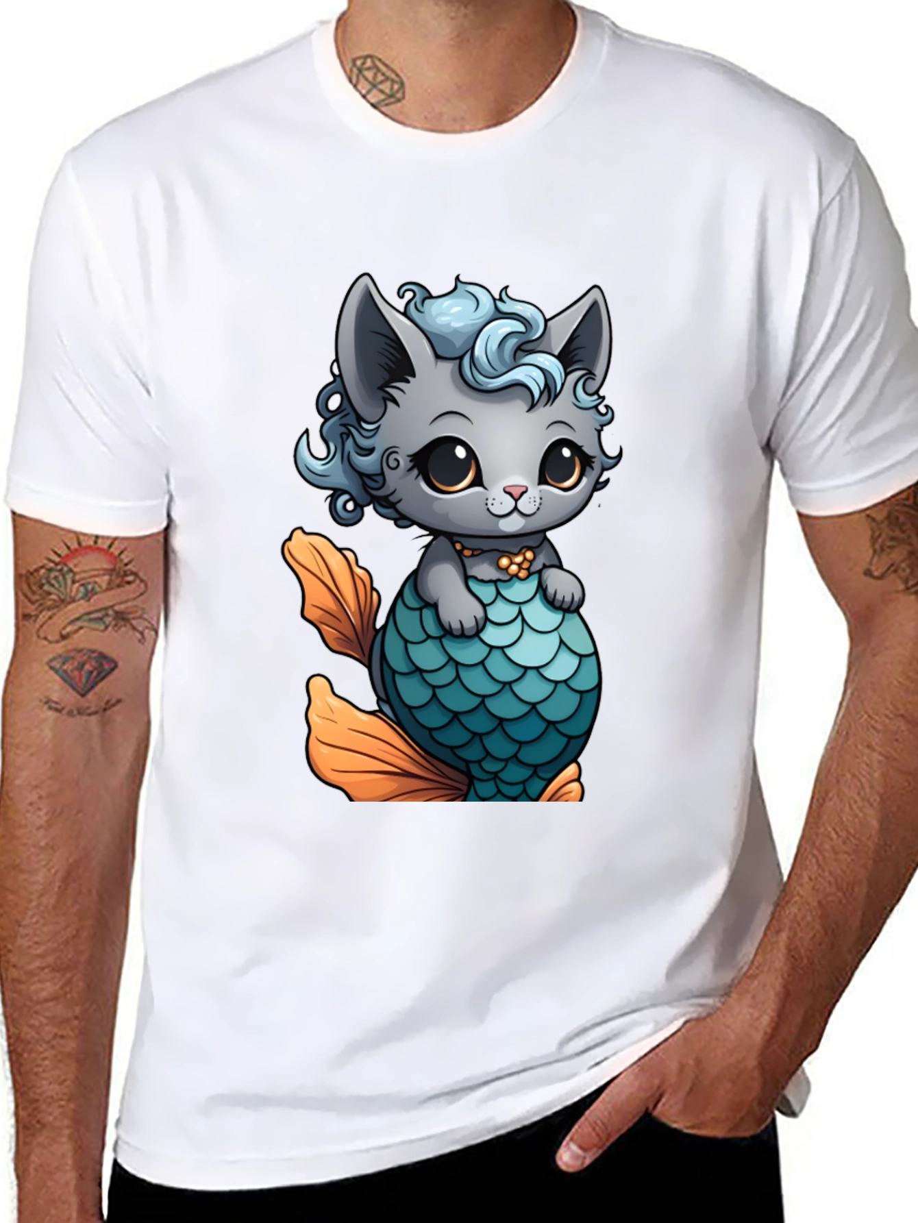 Black Cute Cat Mermaid T-Shirt - Unique Graphic Tee view 8