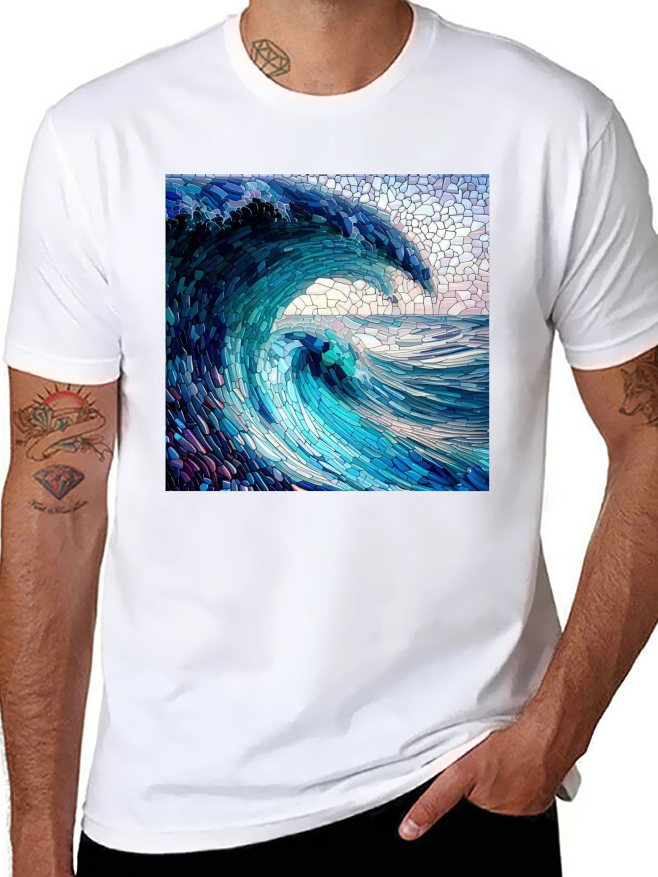 Black Ocean Wave Mosaic Graphic Tee - Unique Design view 8