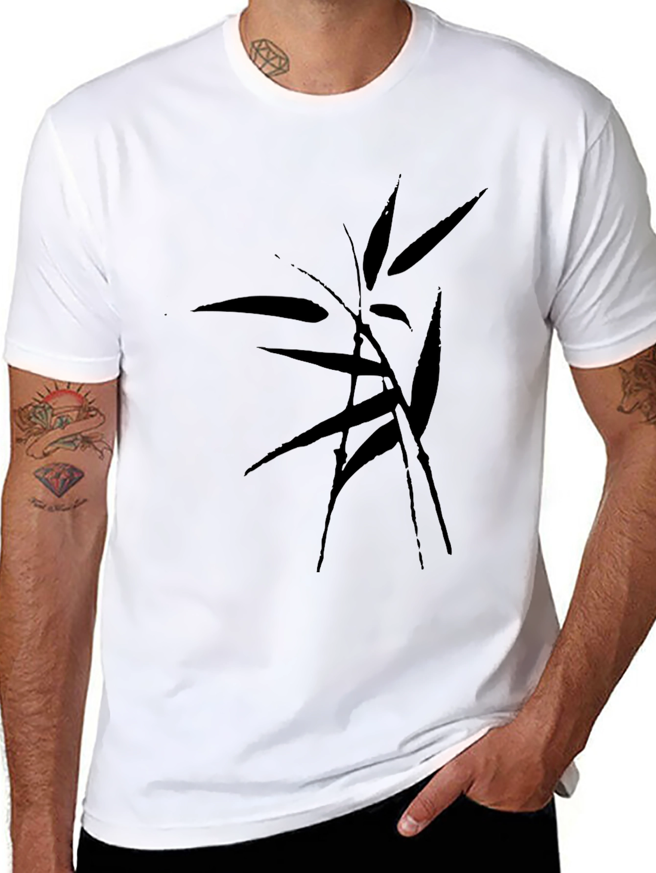 Black Bamboo Print Men's Black T-Shirt view 8