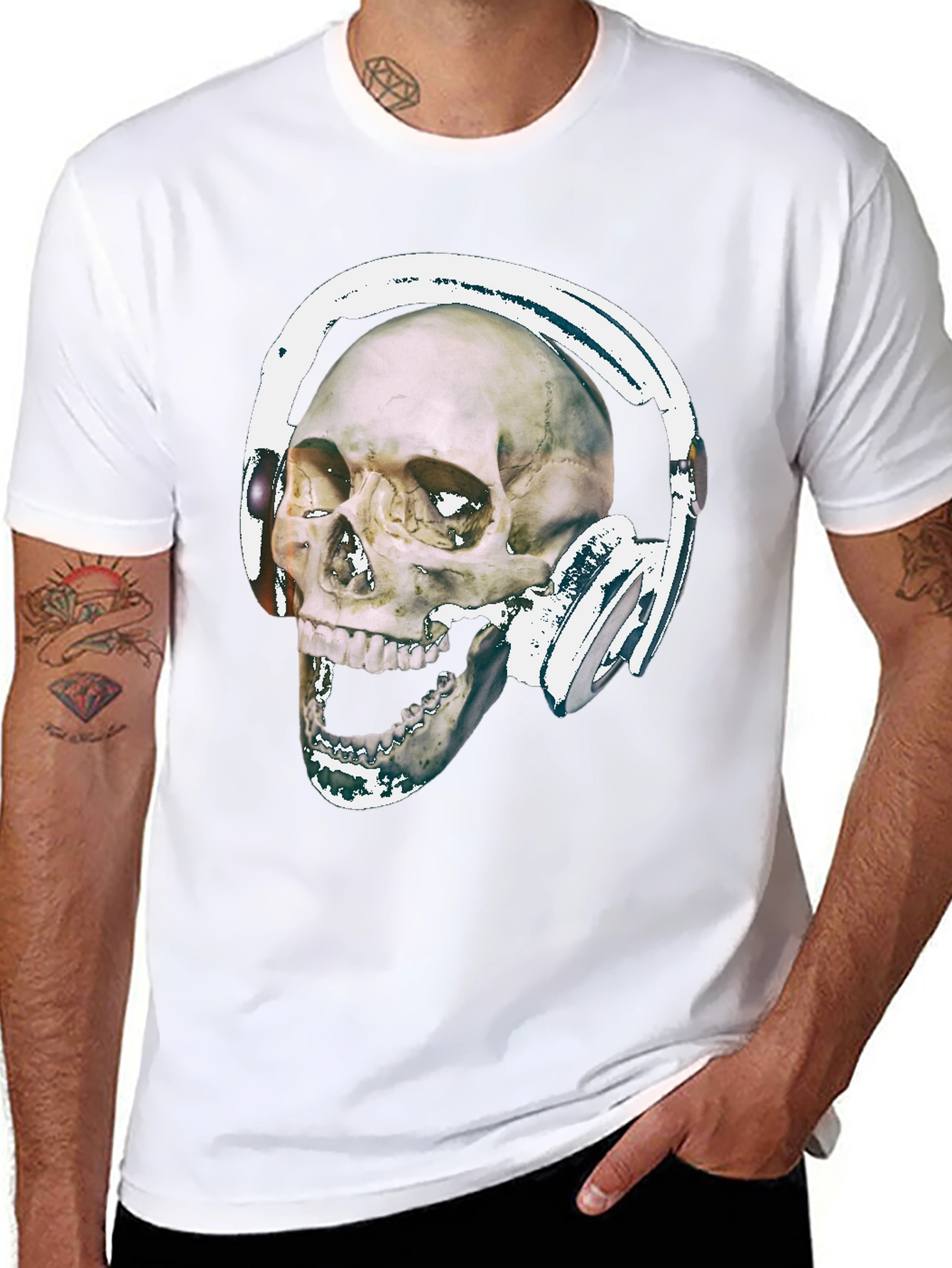 Black Skull With Headphones Graphic Tee - Black Cotton view 8