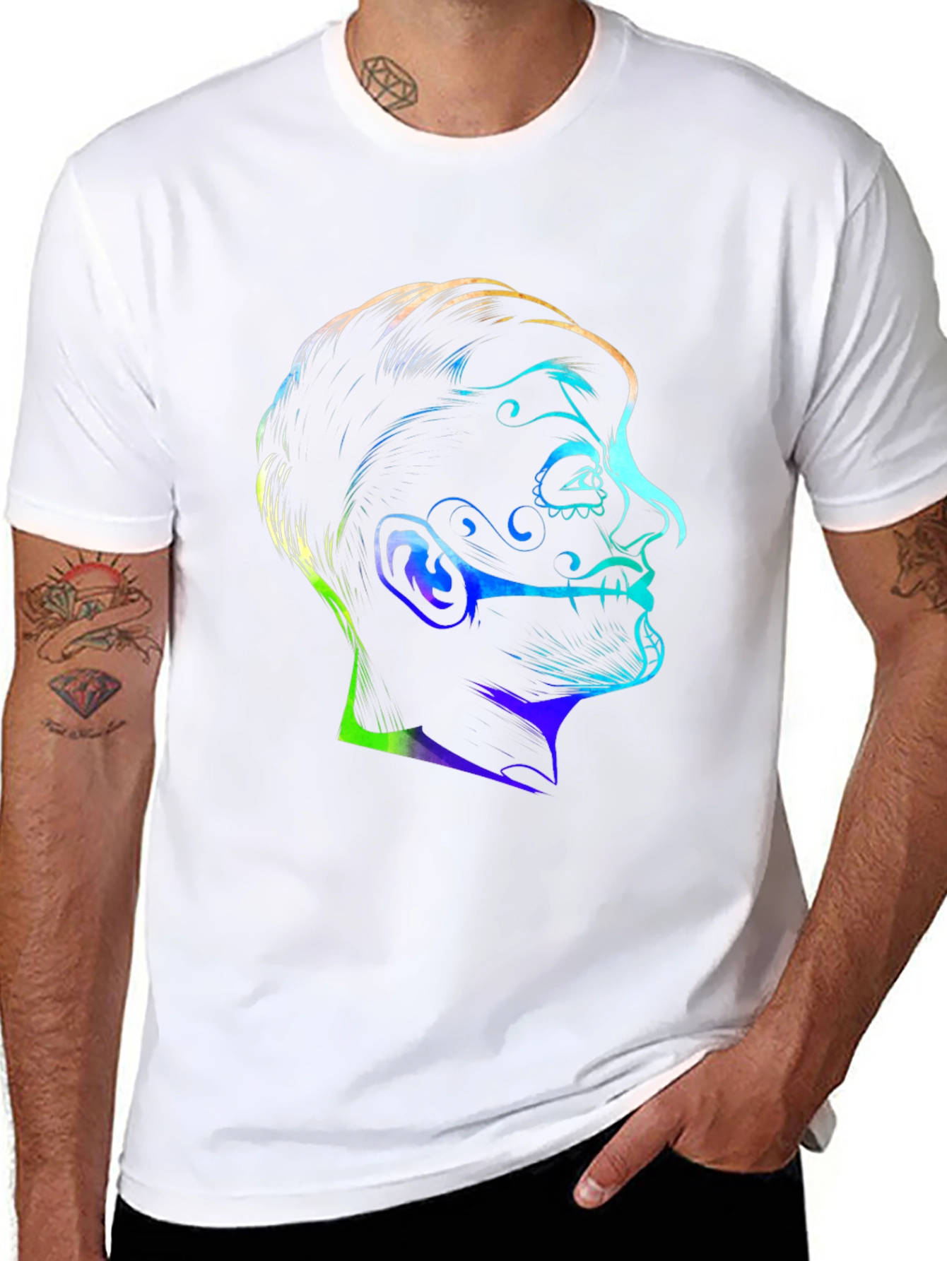 Black Colorful Sugar Skull Face Graphic Black T-Shirt view 8