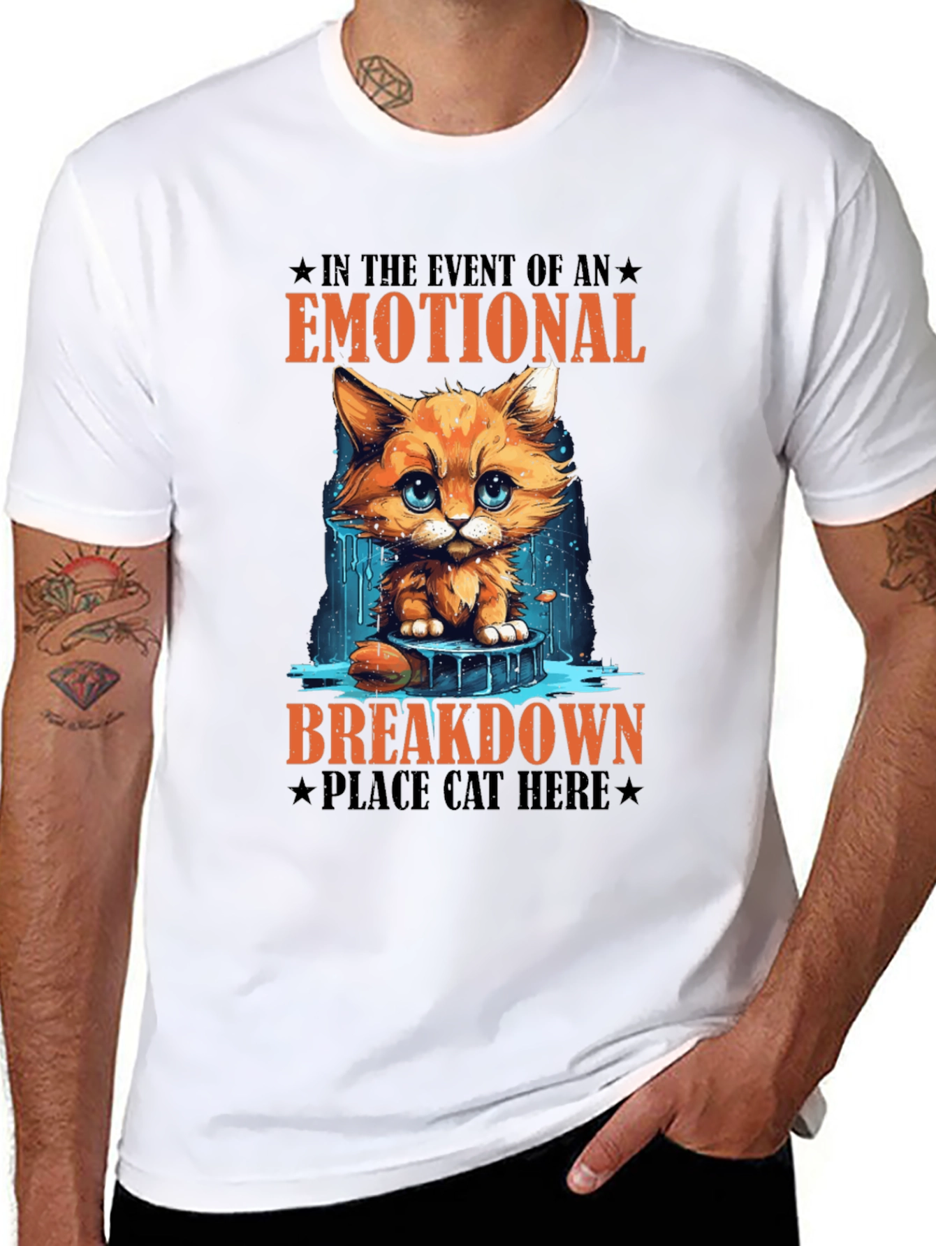 Black Emotional Breakdown Cat T-Shirt - Funny Graphic Tee view 8