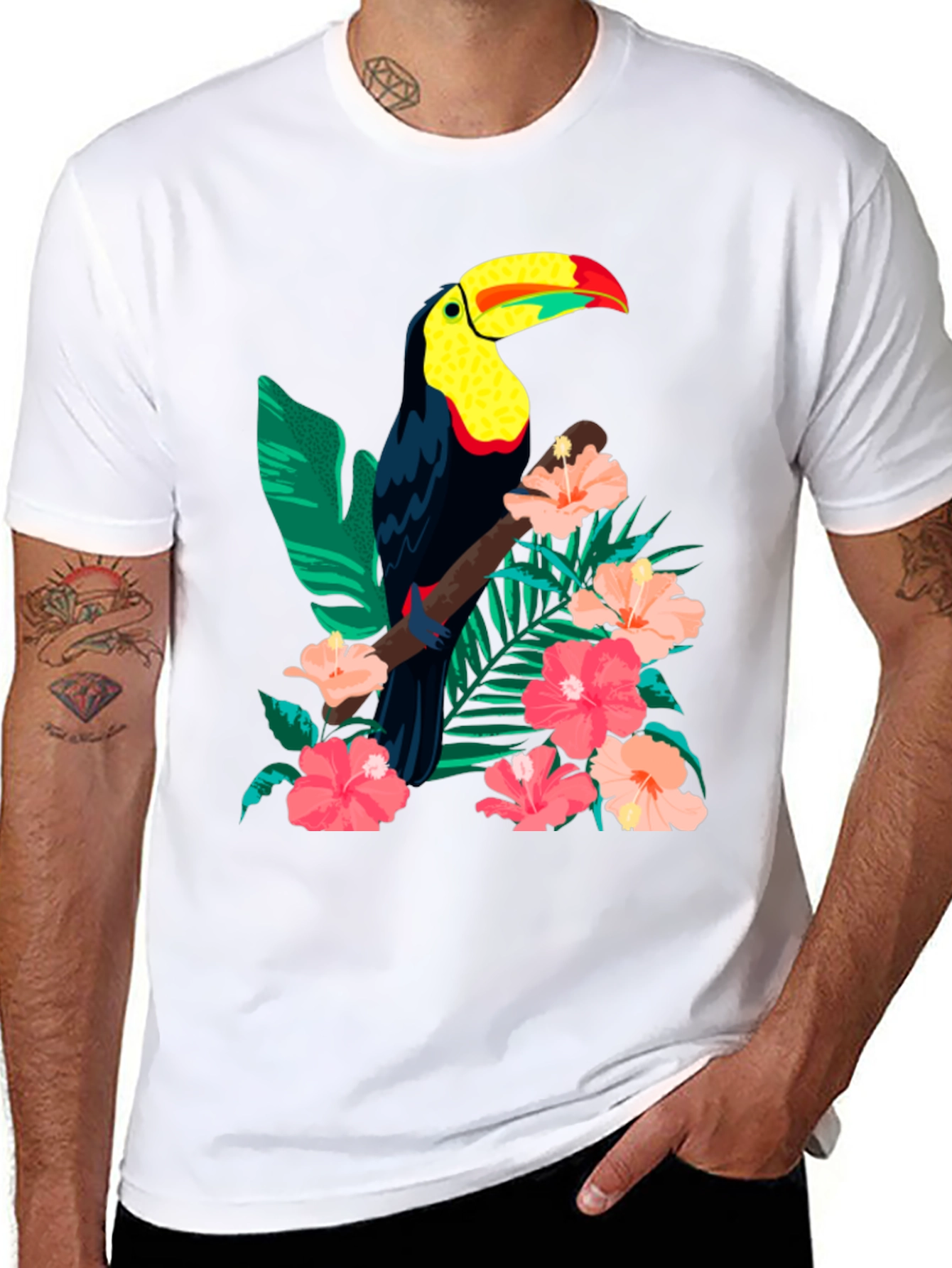 Black Toucan & Floral Print Black T-Shirt view 8