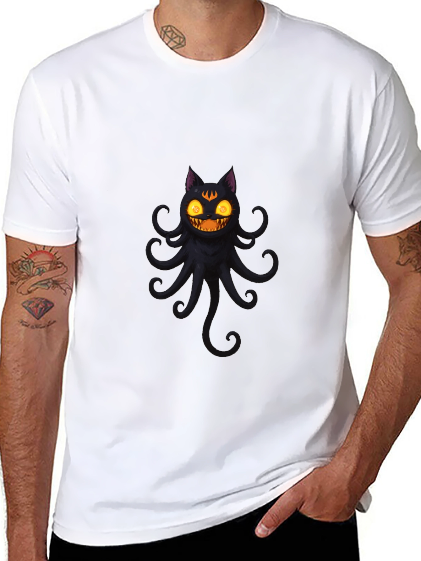 Black Spooky Cat Octopus Black T-Shirt view 8