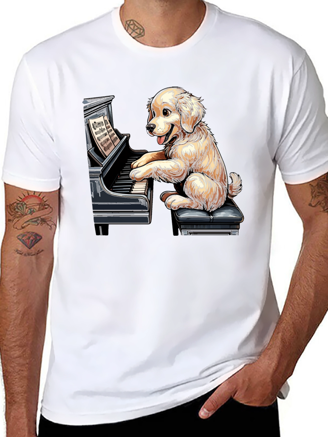 Black Dog Playing Piano Graphic Tee - Unisex Black T-Shirt view 8