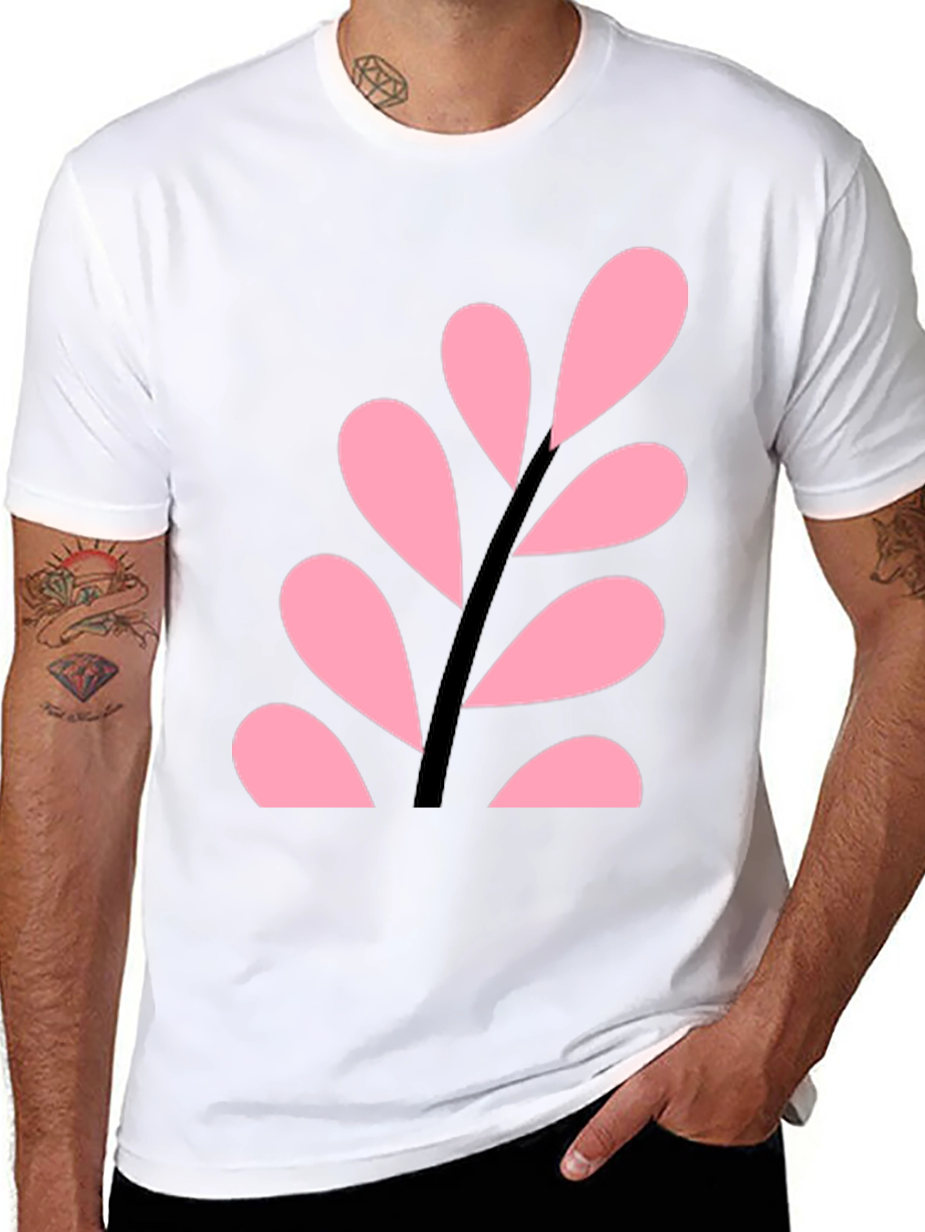 Black Pink Leaf Design Black T-Shirt view 8