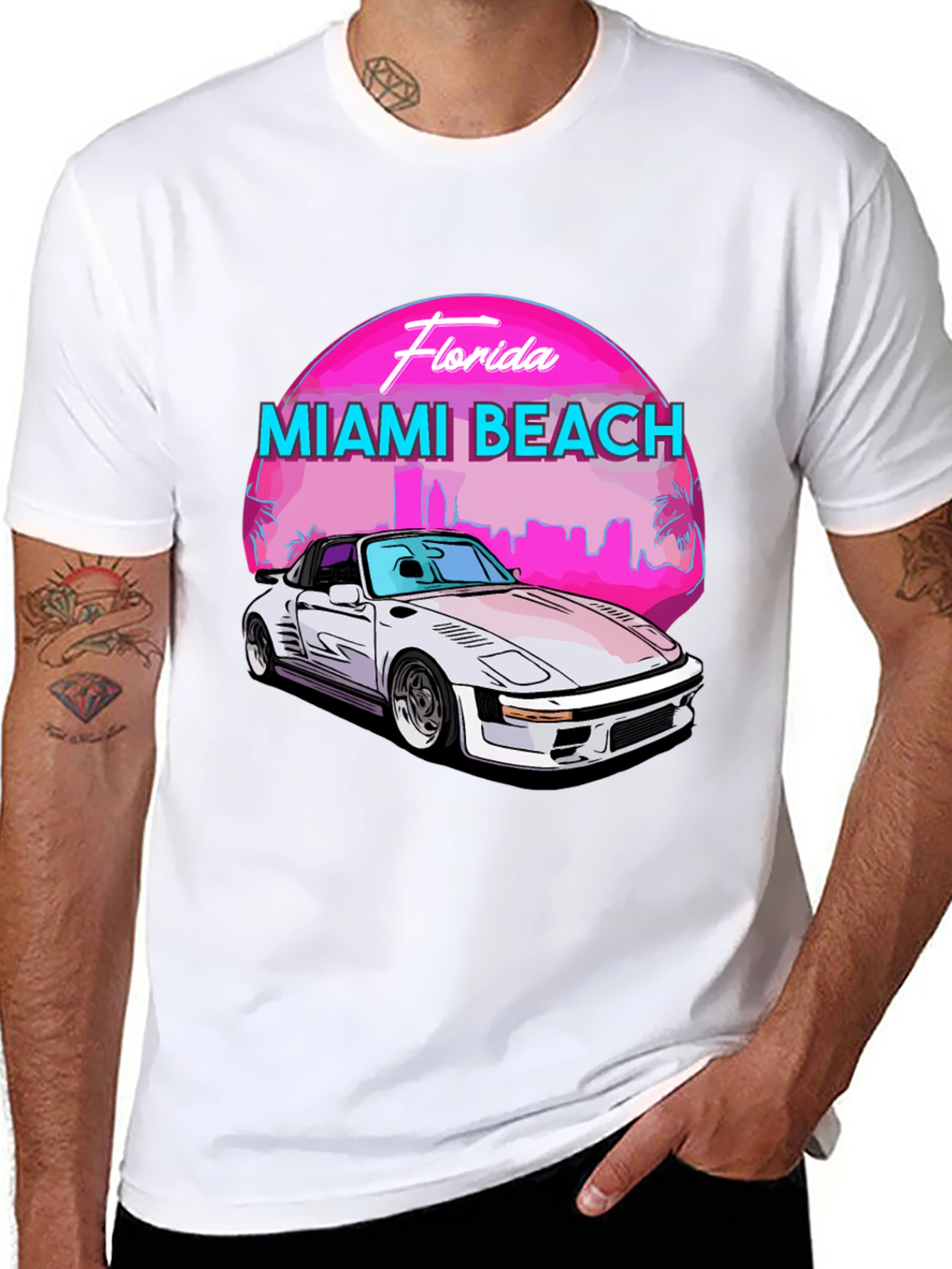 Black Miami Beach Florida T-Shirt - Retro Car Design view 8