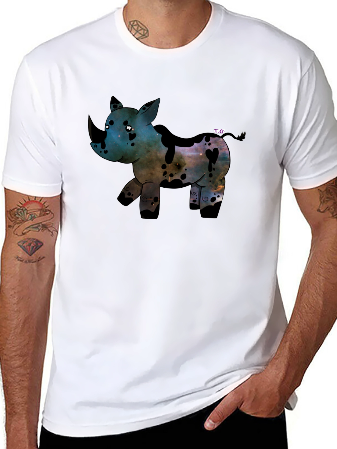 Black Galaxy Rhino Graphic Tee - Black Cotton T-Shirt view 8