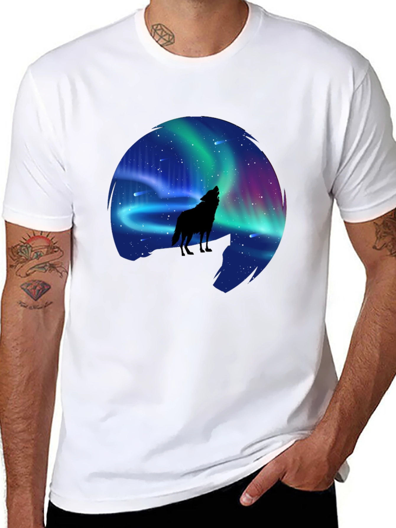 Black Wolf Aurora Borealis Graphic T-Shirt view 8