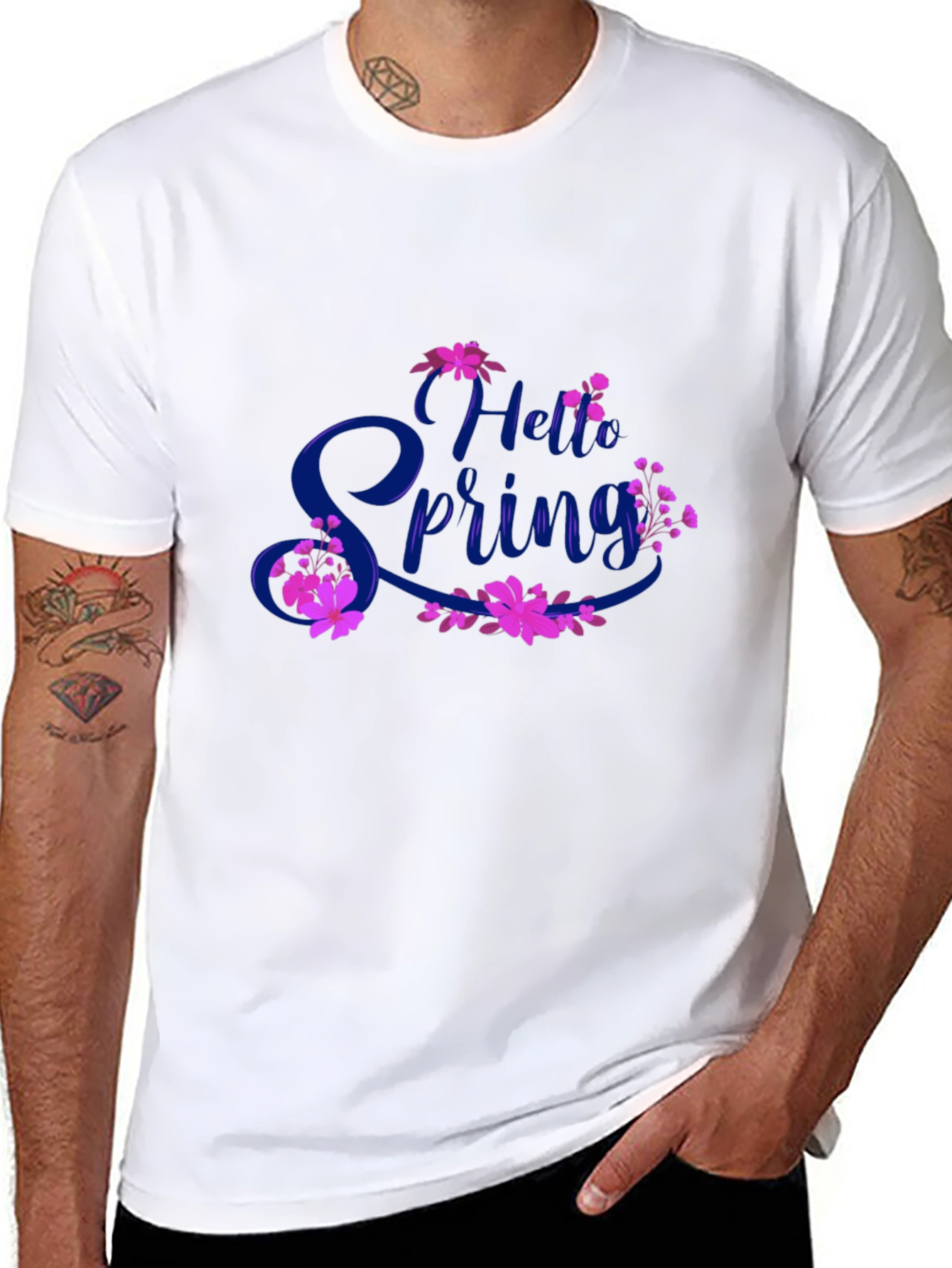 Black Hello Spring Black T-Shirt Floral Design view 8
