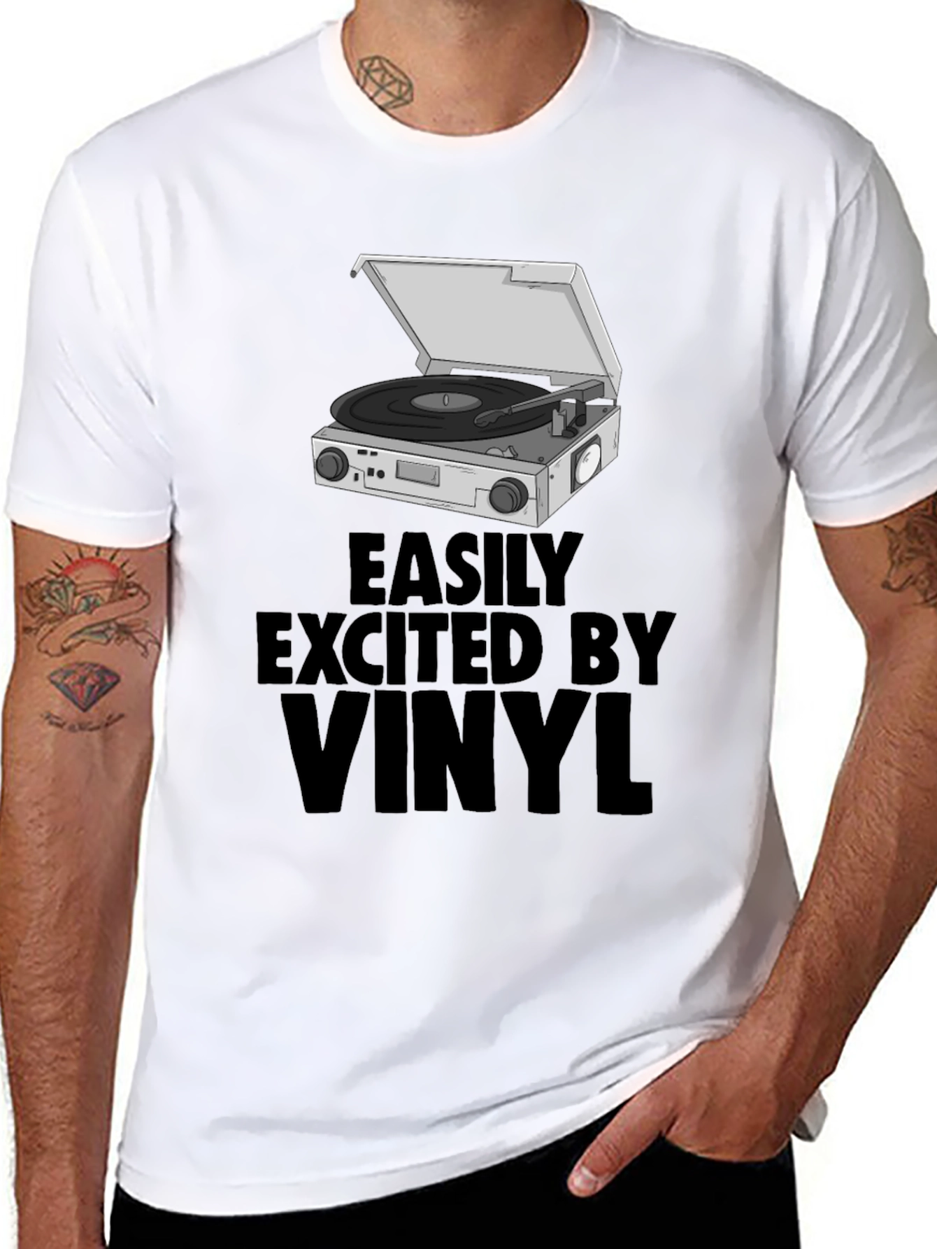 Black Vinyl Record Player T-Shirt - Easily Excited view 8