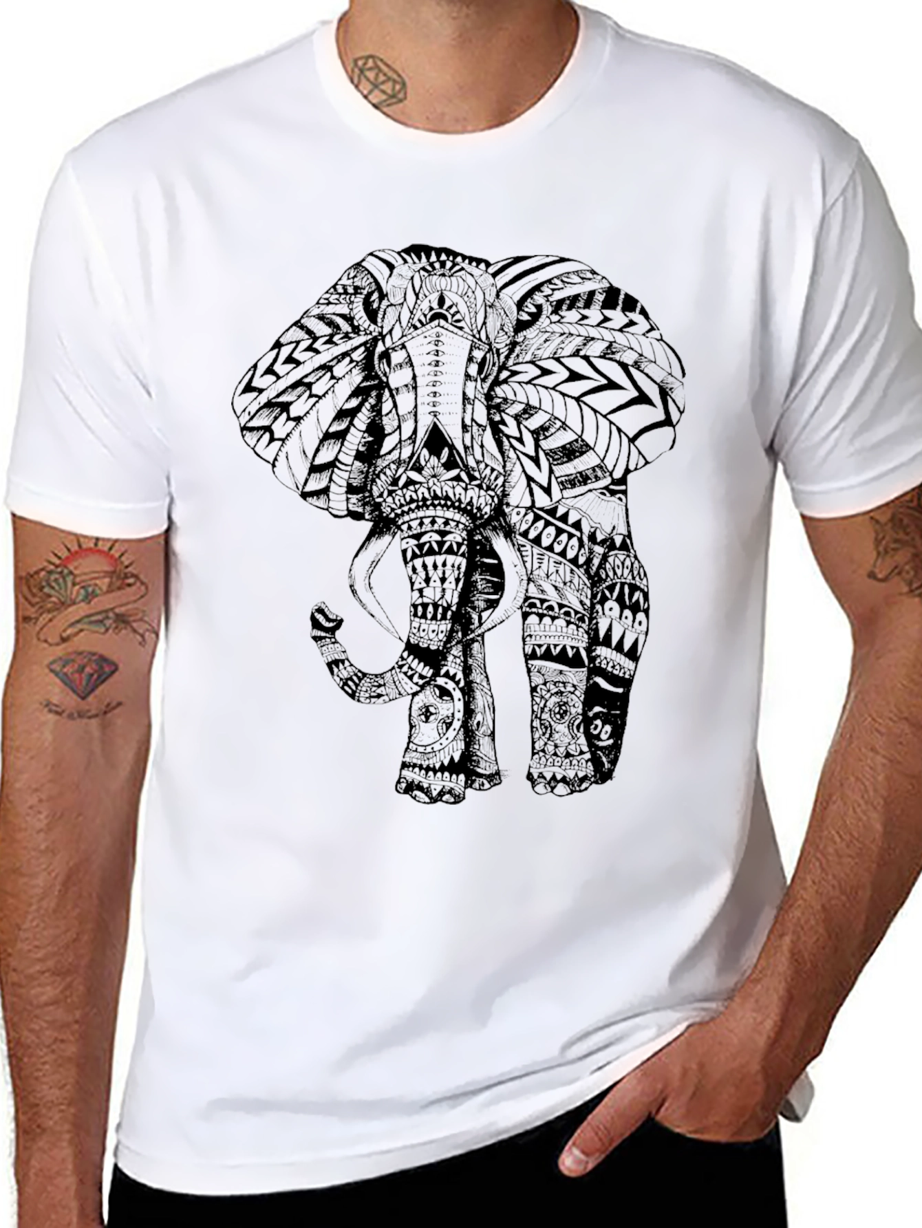 Black Tribal Elephant Print Black Tee Shirt view 8
