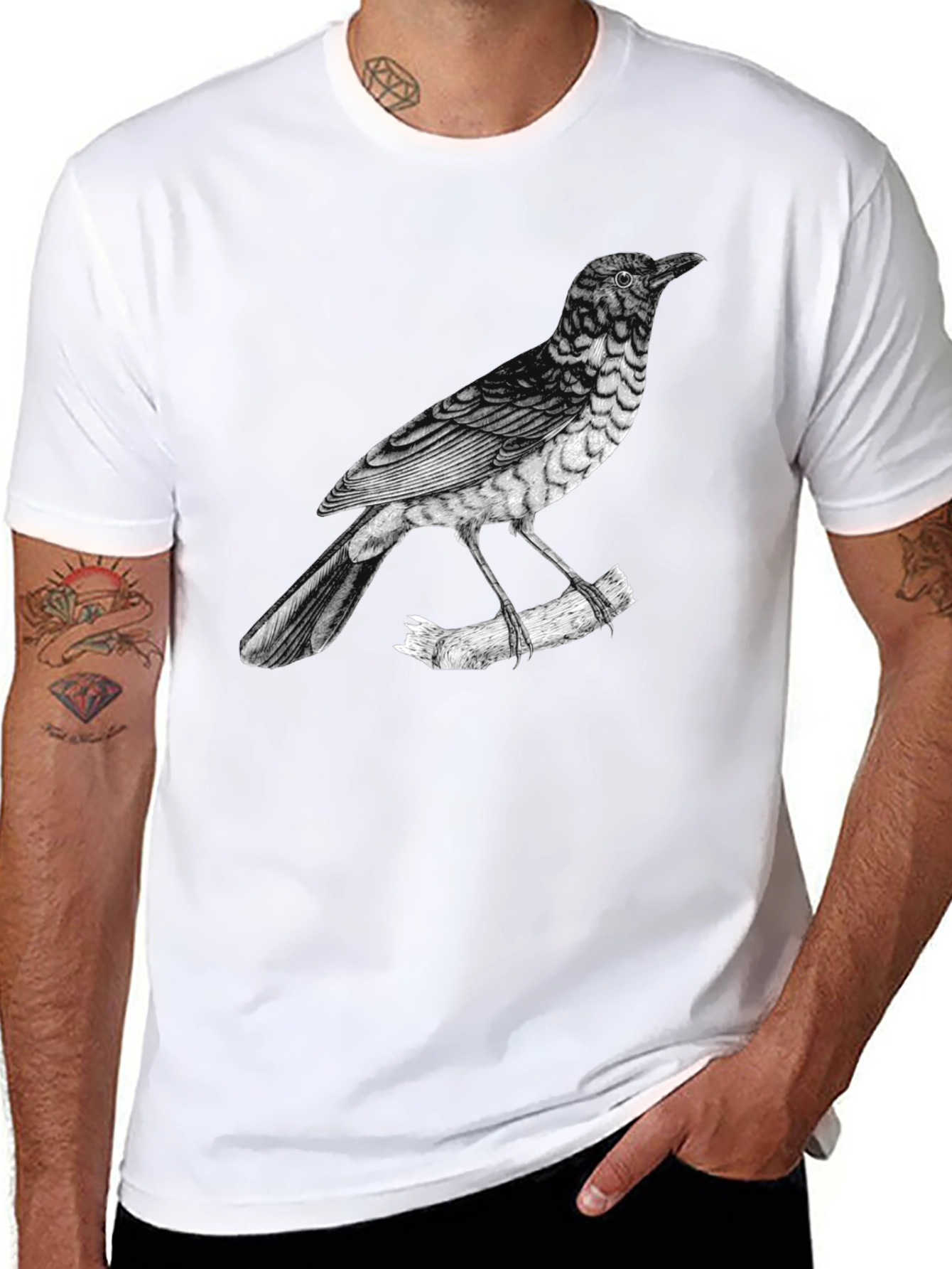 Black Men's Bird Print Black T-Shirt view 8