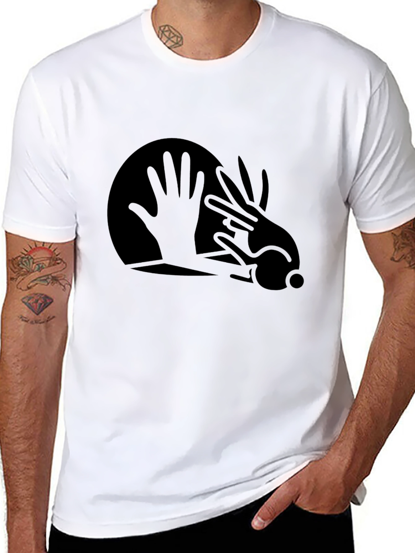 Black Abstract Hand Rabbit Graphic Black T-Shirt view 8