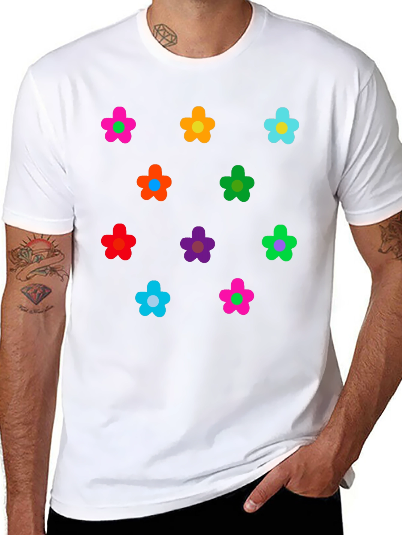 Black Colorful Flower Pattern Black T-Shirt view 8