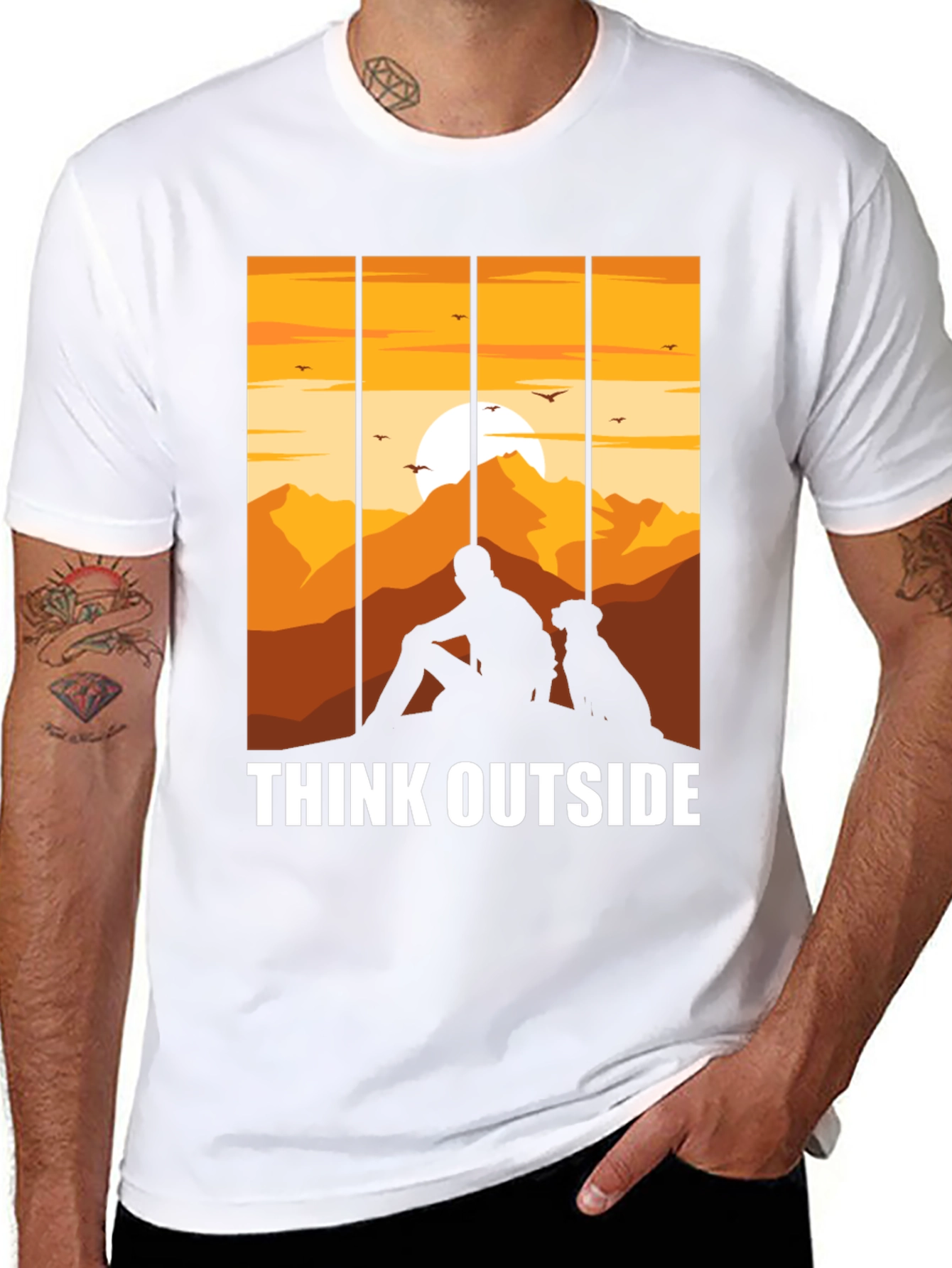 Black Think Outside Black T-Shirt, Man and Dog Sunset Graphic Tee view 8