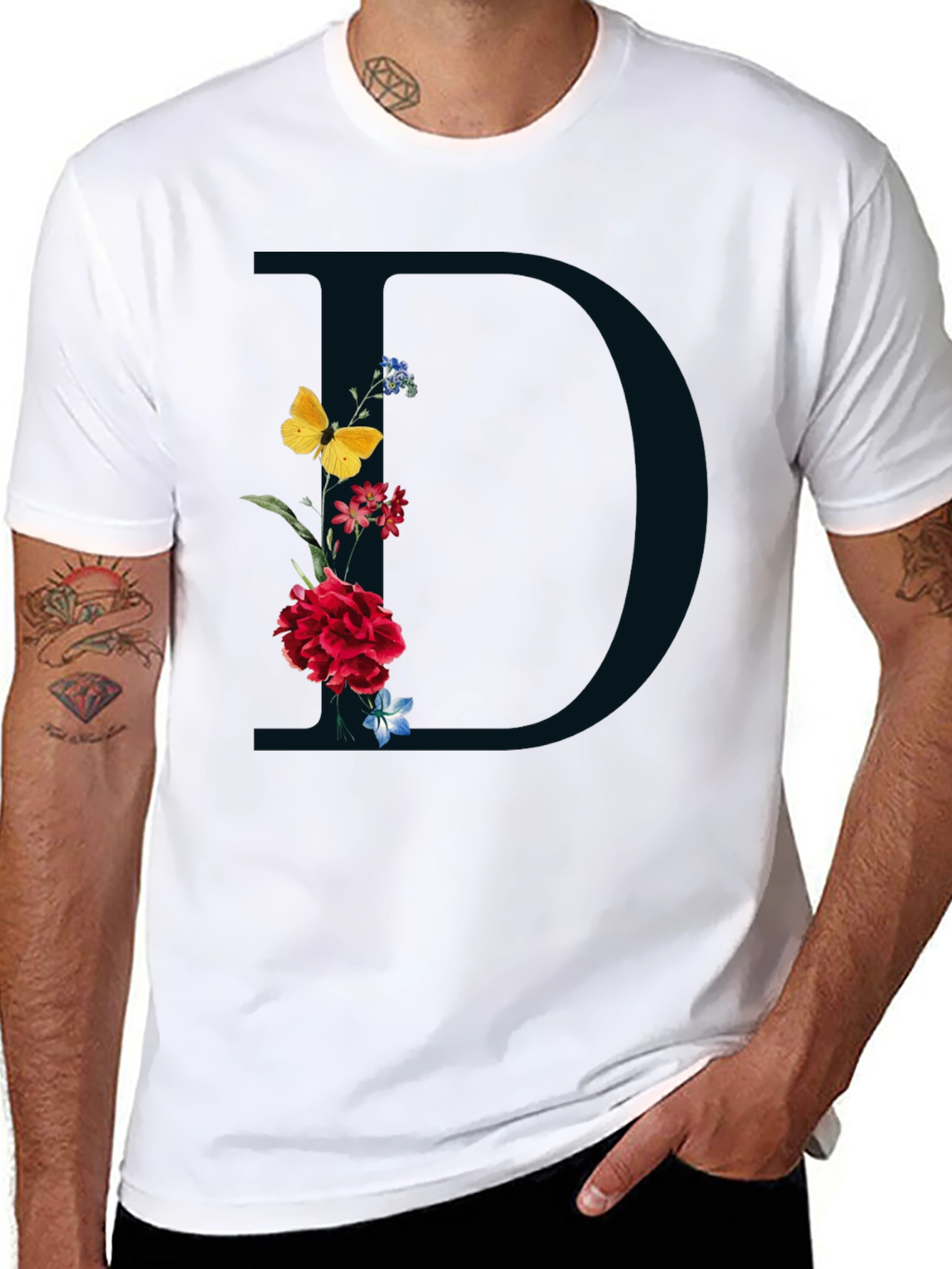 Black Floral Initial 'D' Graphic Tee - Elegant Design view 8