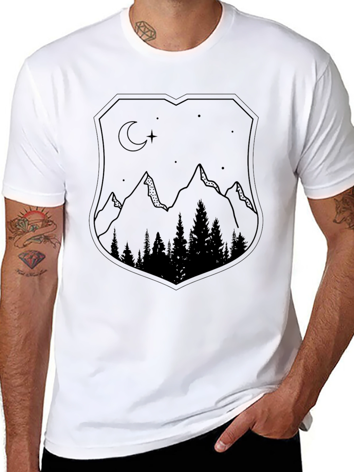 Black Mountain Night Scene Graphic Tee - Black Unisex Shirt view 8