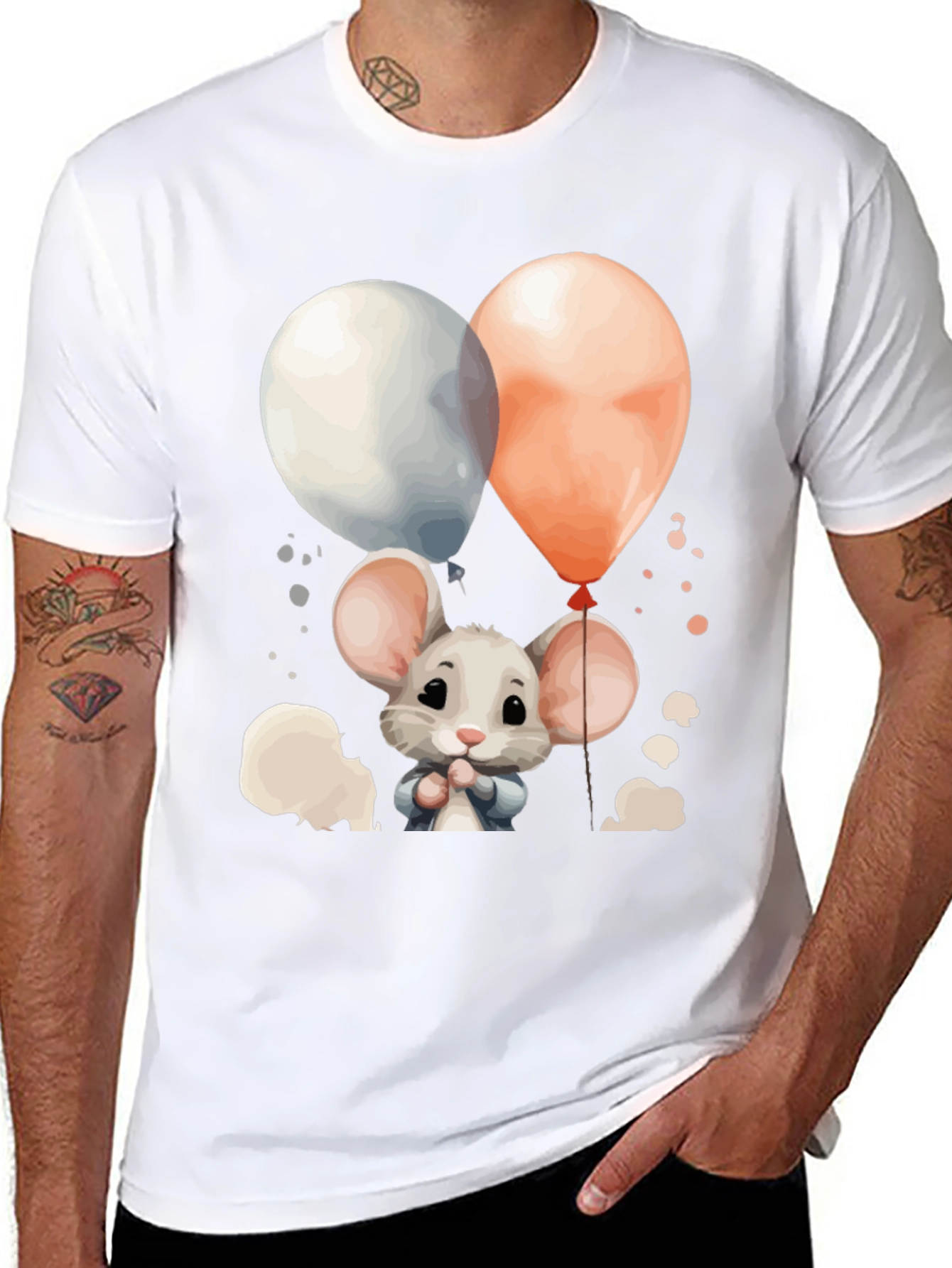 Black Cute Mouse Balloons Graphic Tee - Black Cotton Blend view 8