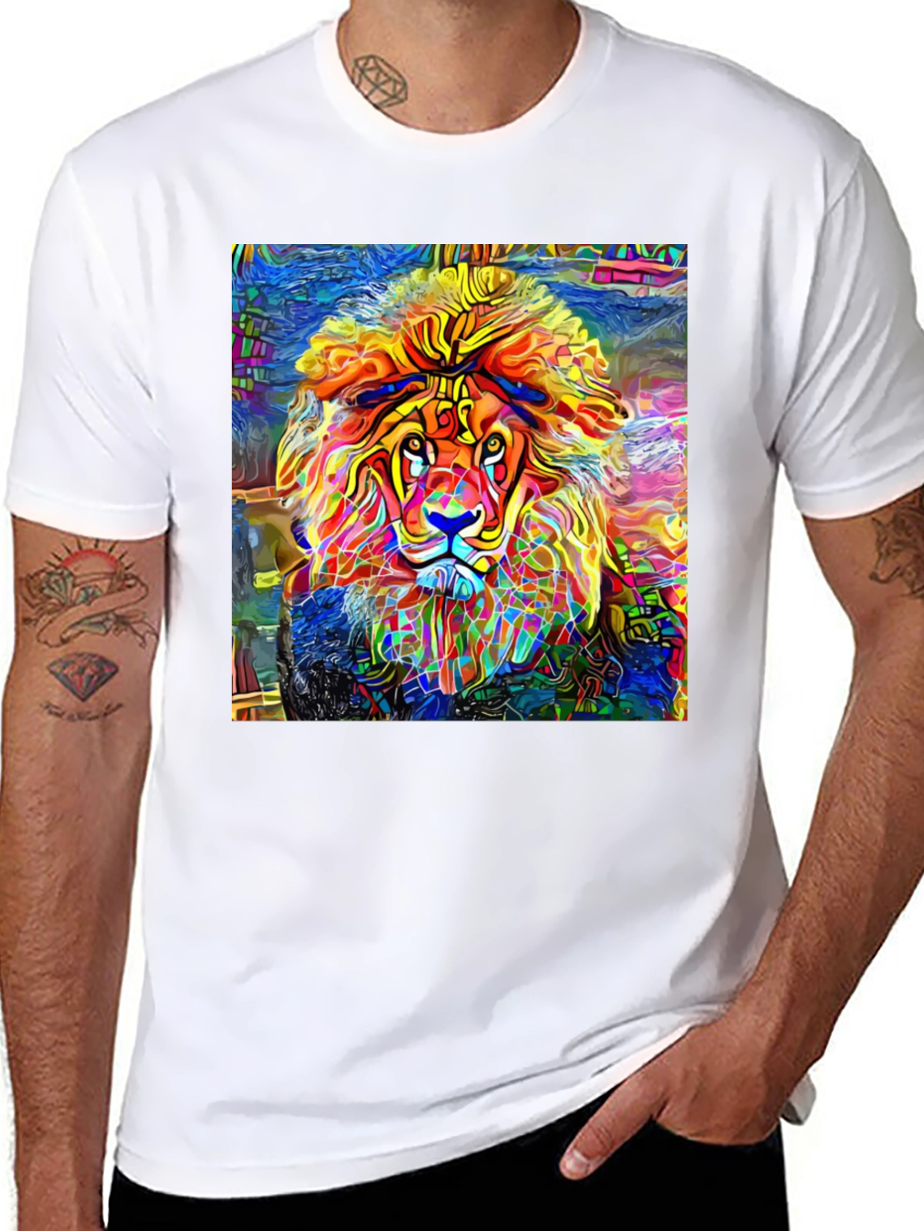 Black Vibrant Lion Graphic Black T-Shirt - Artistic Animal Tee view 8